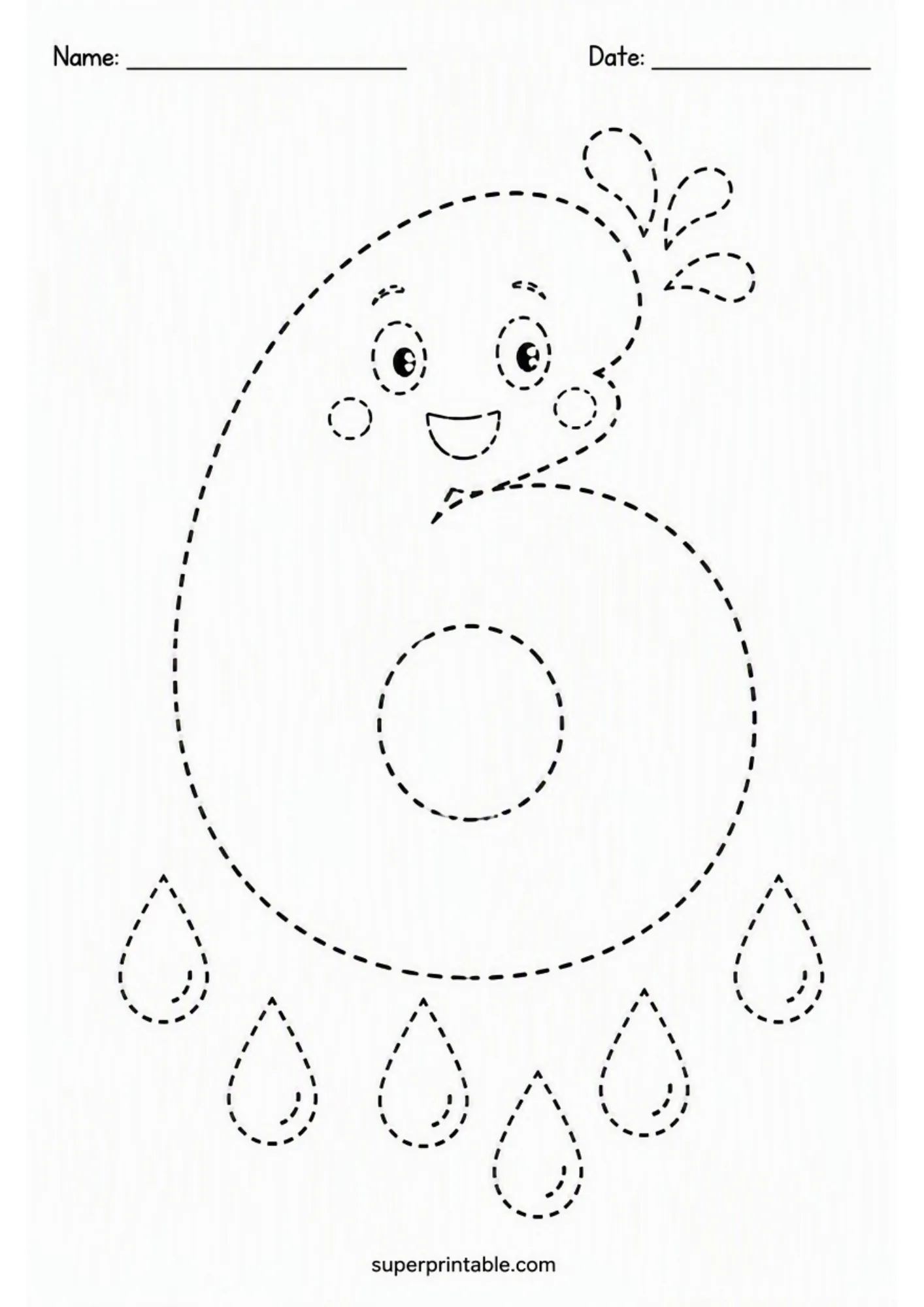 Number six character with raindrops in number tracing worksheets.