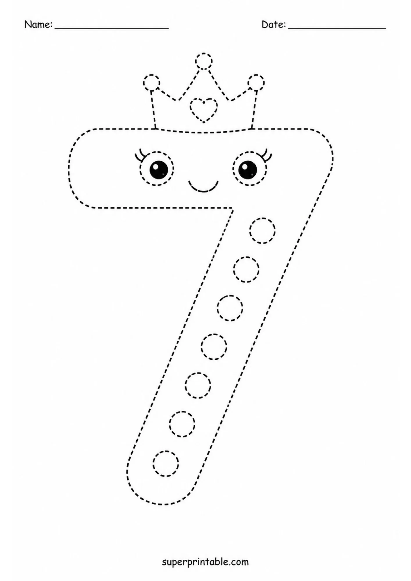 Dashed line illustration of a number seven wearing a royal crown.
