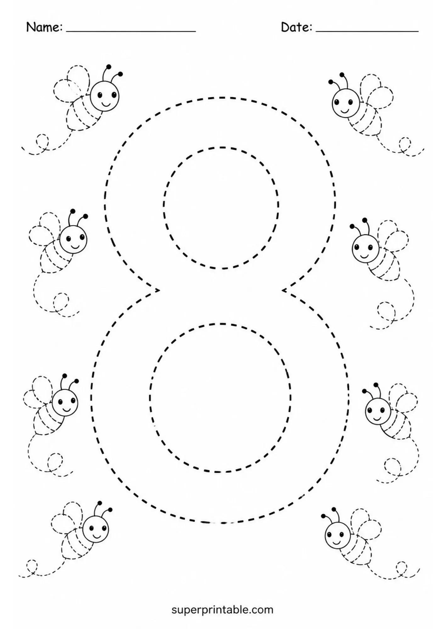 Dotted outline of the number eight surrounded by eight bees.