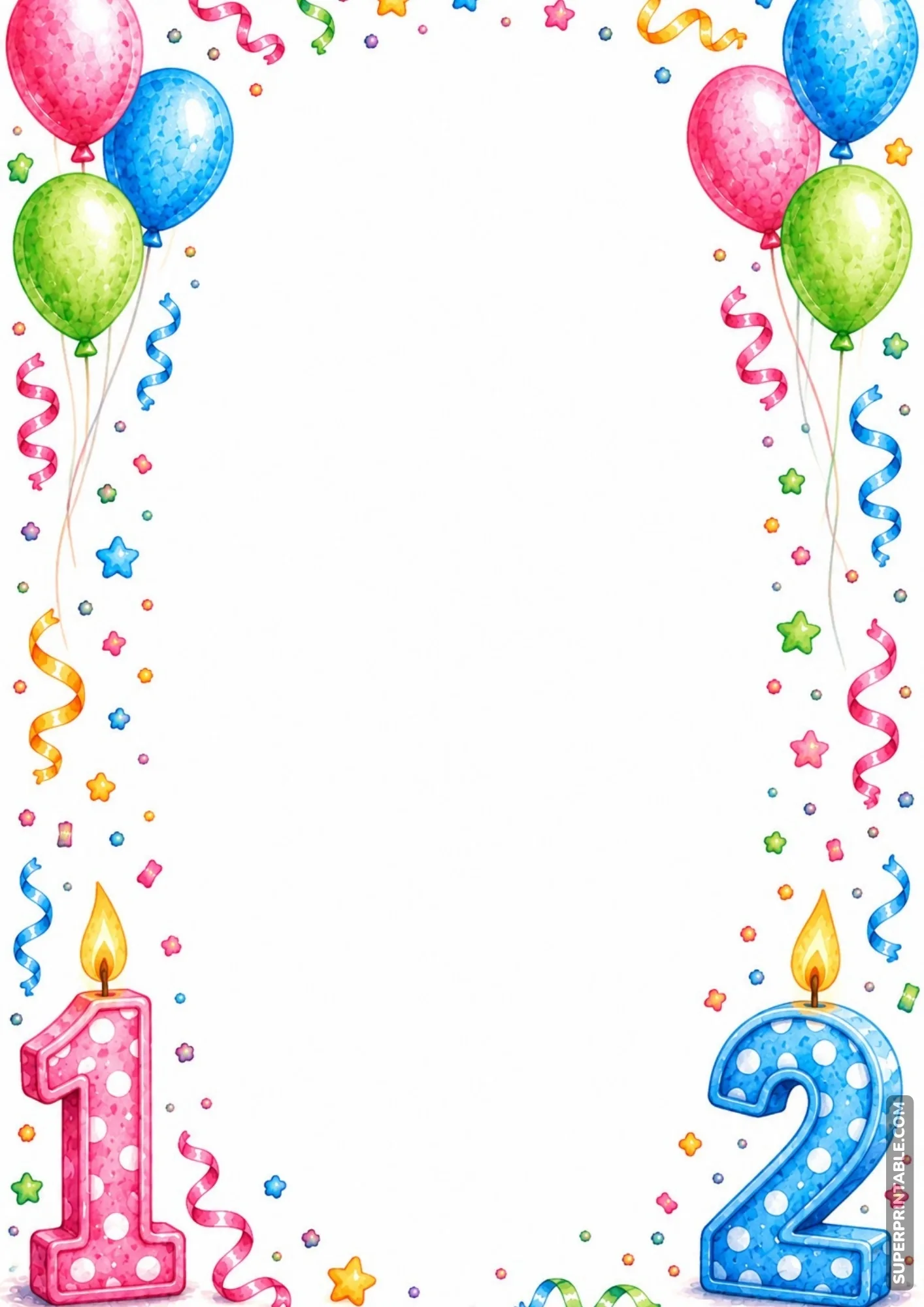 Festive border design featuring lit number candles, balloon bunches, and confetti.