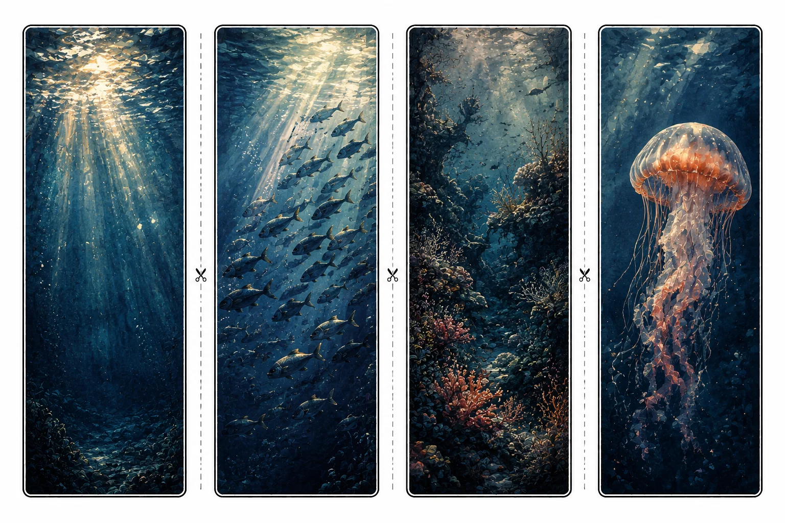 Four printable ocean bookmarks with sunlight through water, a school of fish, a textured coral reef, and a glowing orange jellyfish