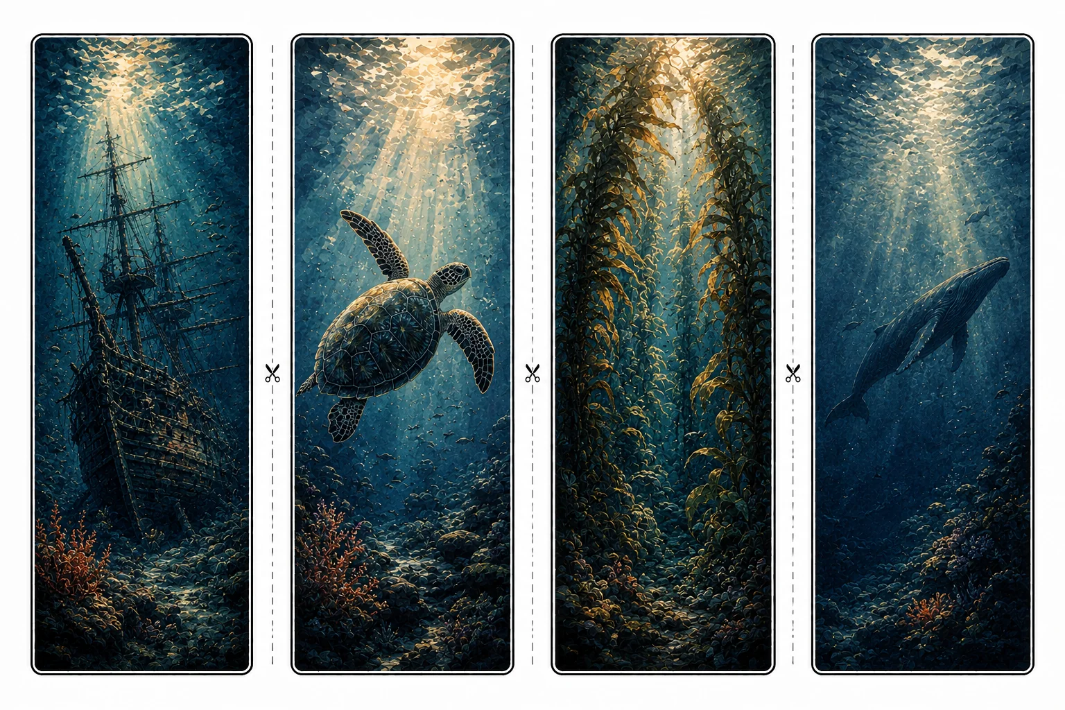 Four printable ocean bookmarks with a sunken tall ship, a sea turtle, a kelp forest, and a whale silhouette