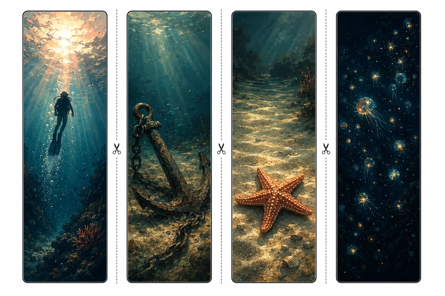 Four printable ocean bookmarks with a diver rising to the sun, a rusty anchor, an orange starfish on sand, and glowing plankton
