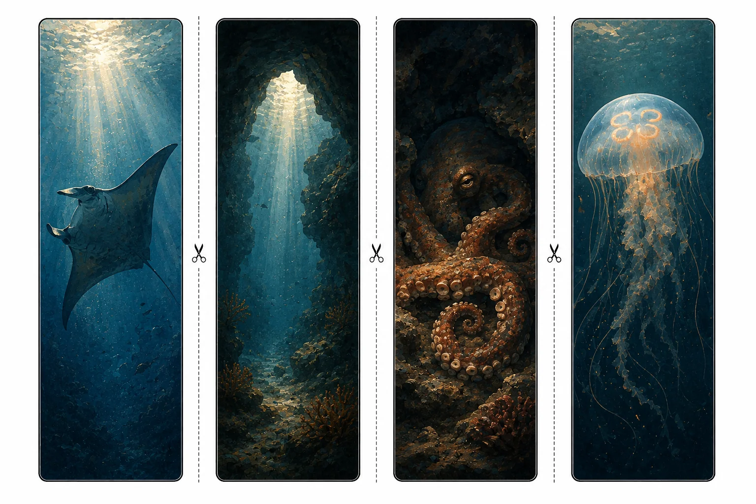 Four printable ocean bookmarks with a manta ray, a sunlit underwater cave, a coiled octopus, and a pale moon jellyfish