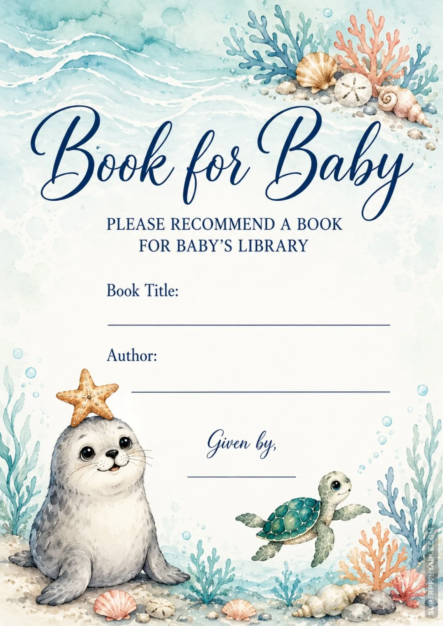 Baby shower book request cards printable with watercolor baby seal, sea turtle, and ocean coral.