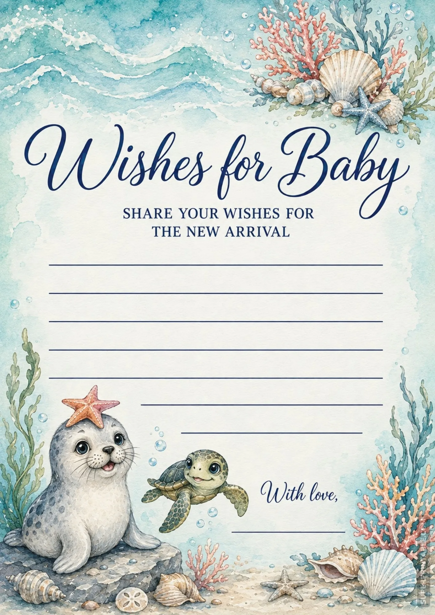 Ocean themed baby shower wishes printables card showing a baby seal with starfish and a cute sea turtle.