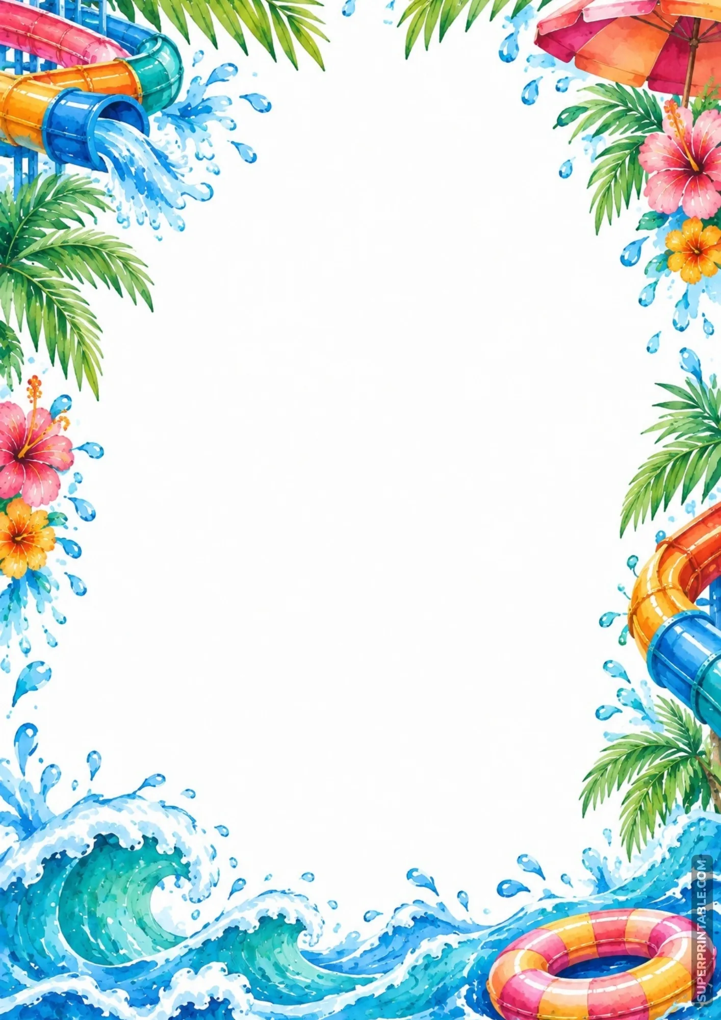 Water park borders featuring a big crashing wave, palm leaves, and colorful water slides.