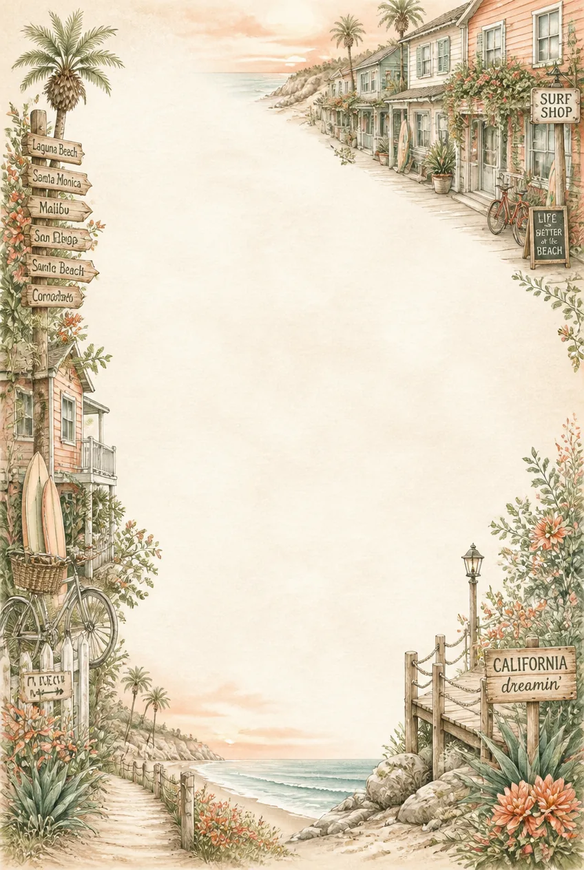 Oceanfront cottages and gentle surf watercolor border enclosing a large central text area.