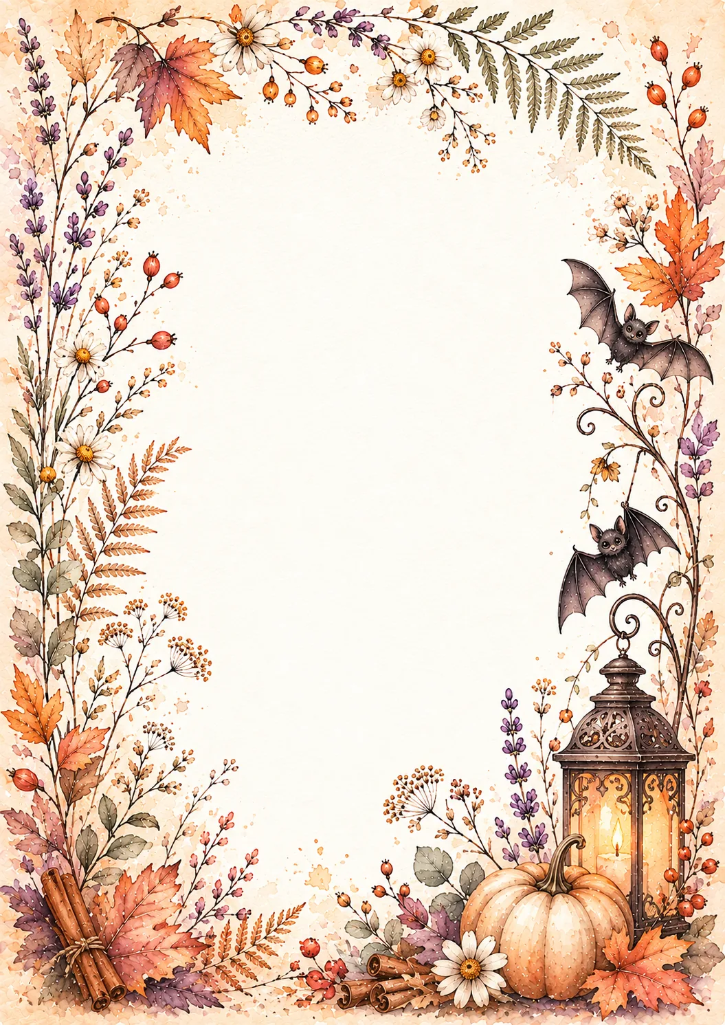 Halloween border with flying bats, glowing lantern, pumpkin, cinnamon sticks, daisies, and fall leaves