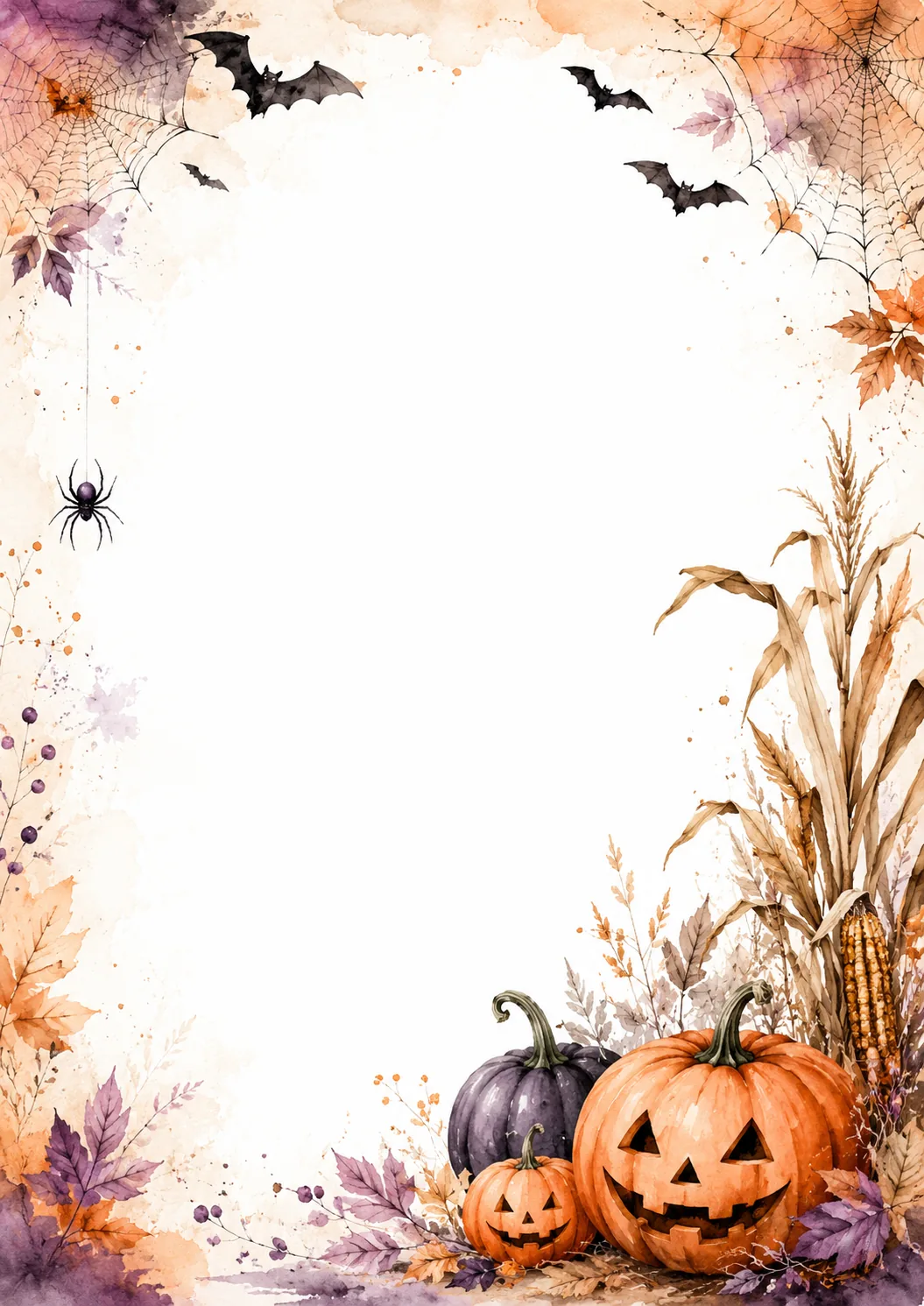 Three black cats with orange pumpkins, candy corn, berries, and watercolor autumn leaves along the border