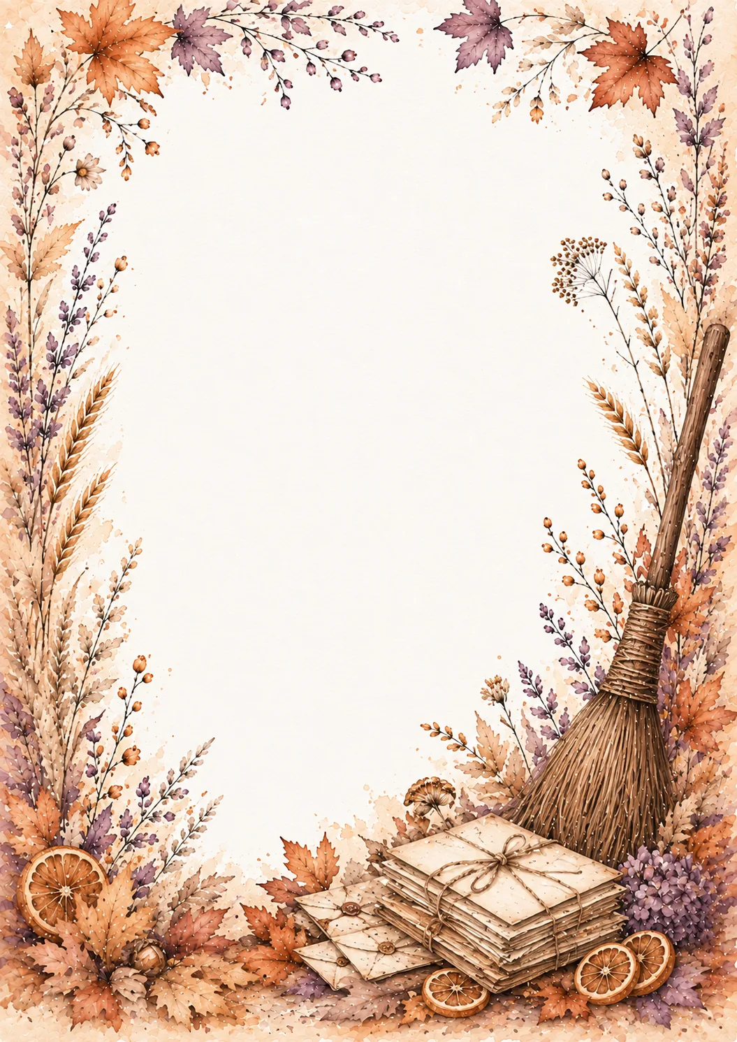 Rustic witch broom and vintage letters framed by dried orange slices, berries, wheat, and autumn leaves