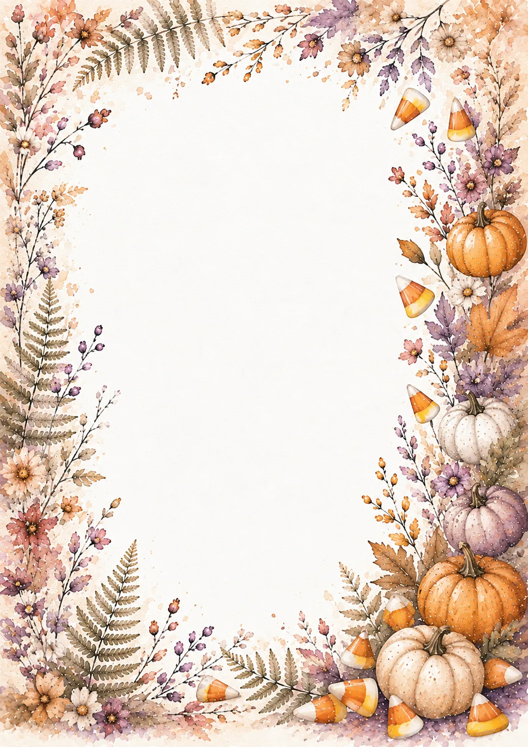 Candy corn and pumpkin border with ferns, flowers, berries, and soft orange and purple autumn foliage