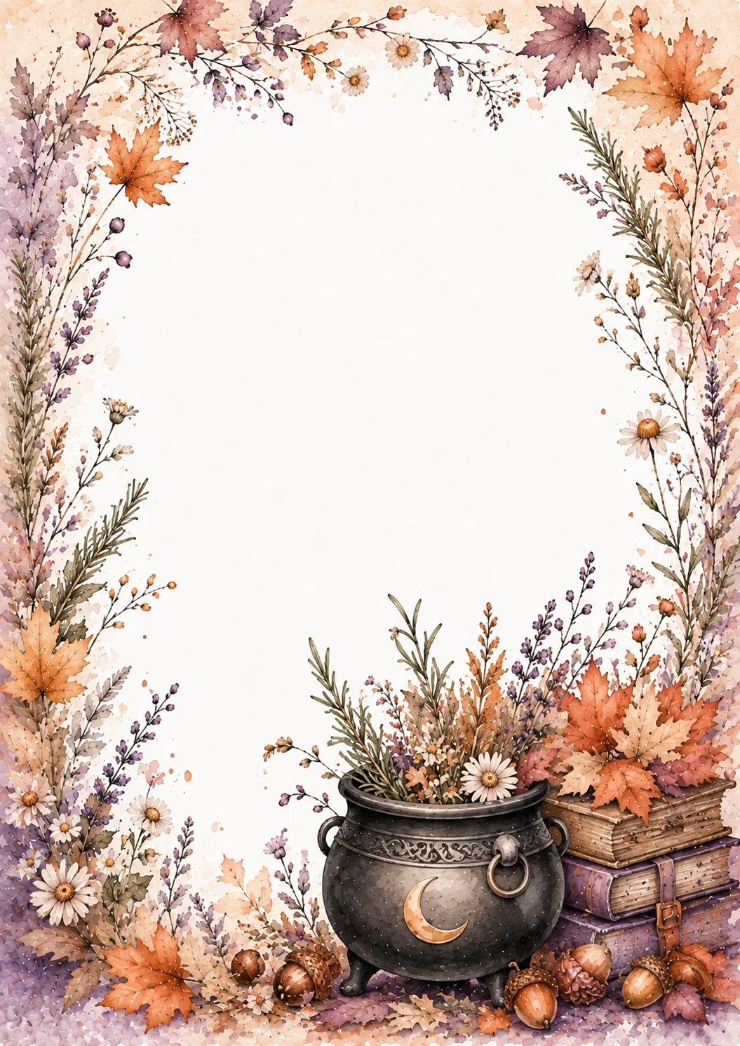 Autumn cauldron border with vintage books, acorns, maple leaves, flowers, and botanical branches