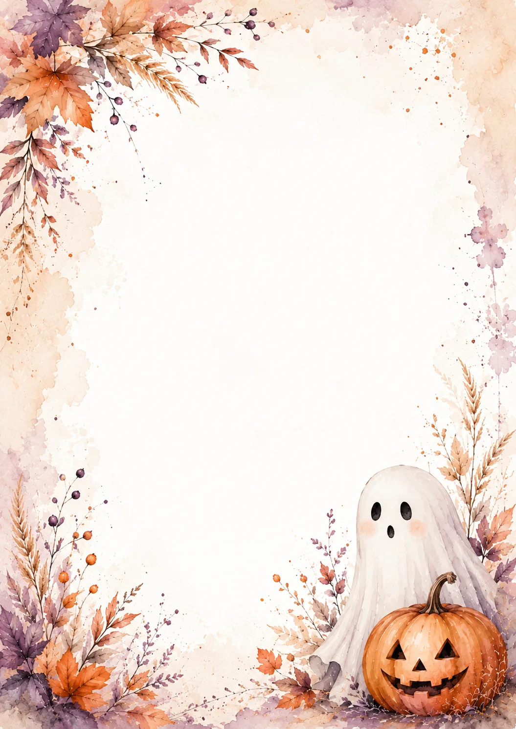 October washed borders with autumn leaves, cute ghost, pumpkin, berries, and open center