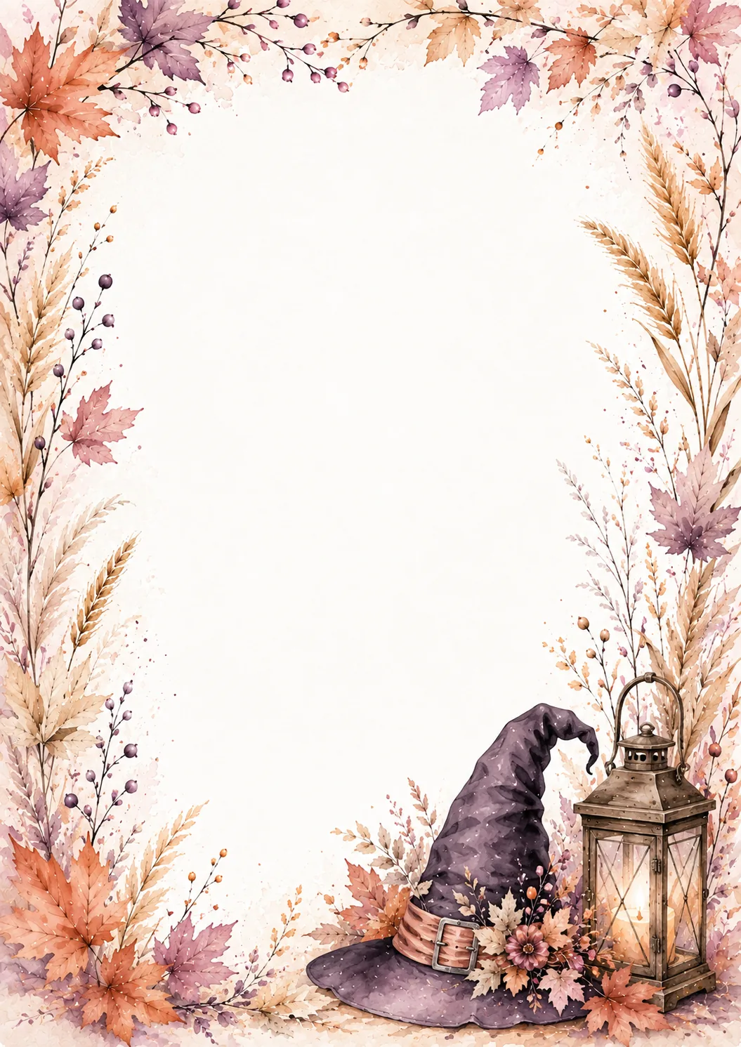 Halloween watercolor frame with bats, spiderwebs, hanging spider, dried corn, and jack-o-lantern pumpkins