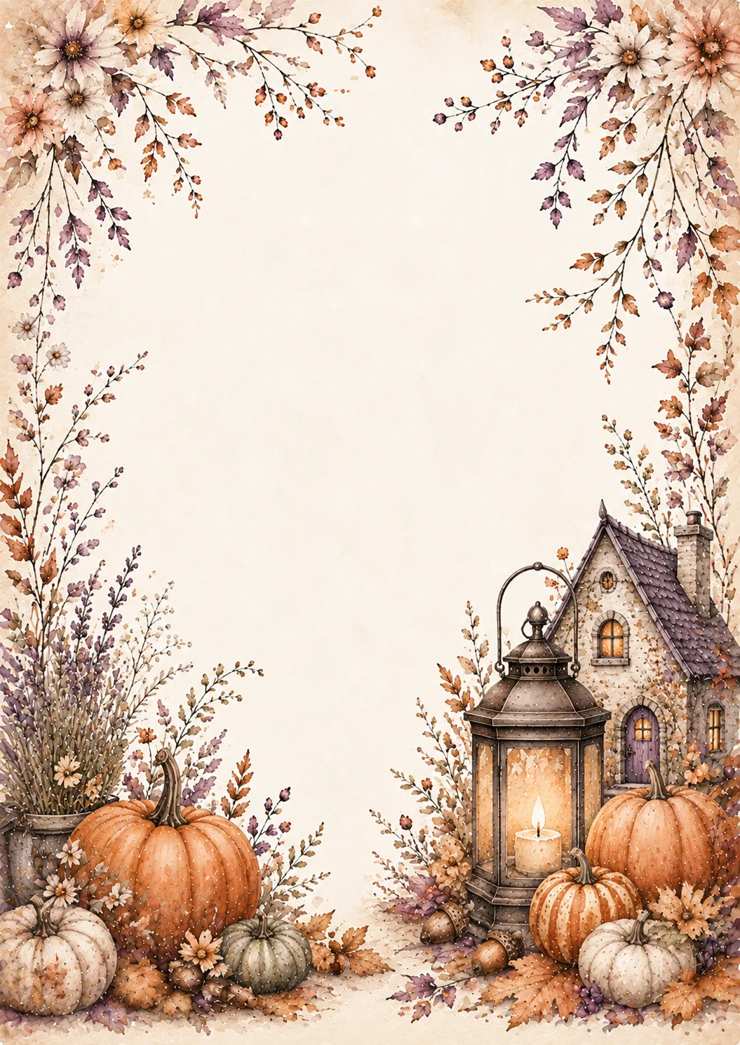 Cozy autumn border with glowing lantern, cottage, pumpkins, acorns, flowers, and fall foliage