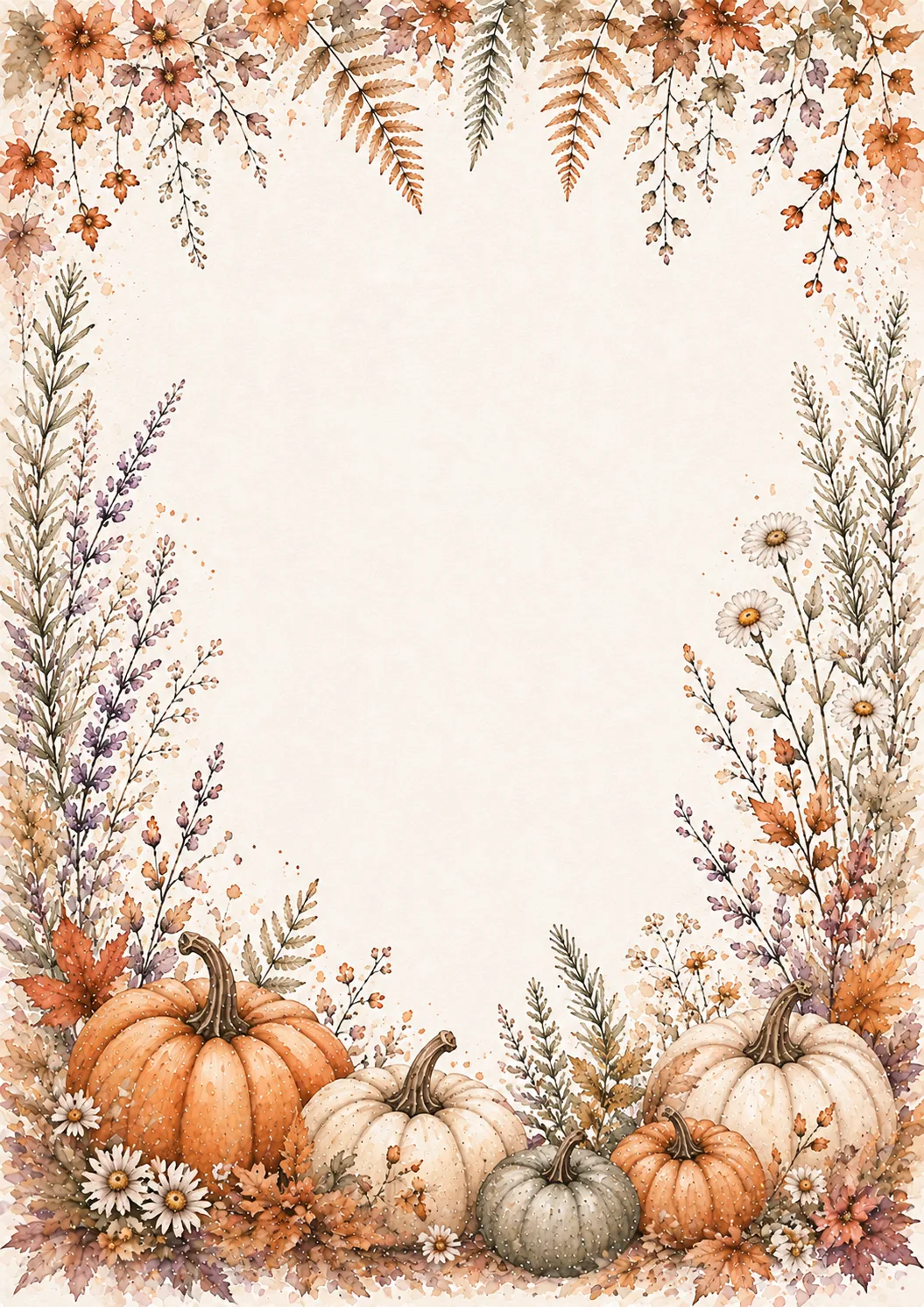 Pastel pumpkin border with pinecones, flowers, ferns, berries, flowing fabric, and soft autumn foliage