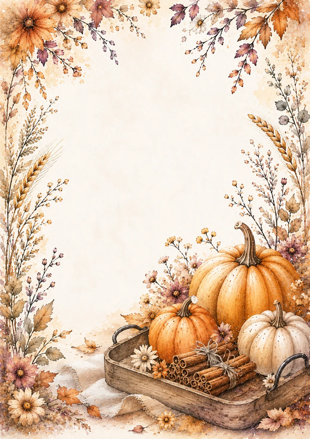 October washed borders featuring pumpkins, cinnamon sticks, wheat, flowers, and warm fall foliage