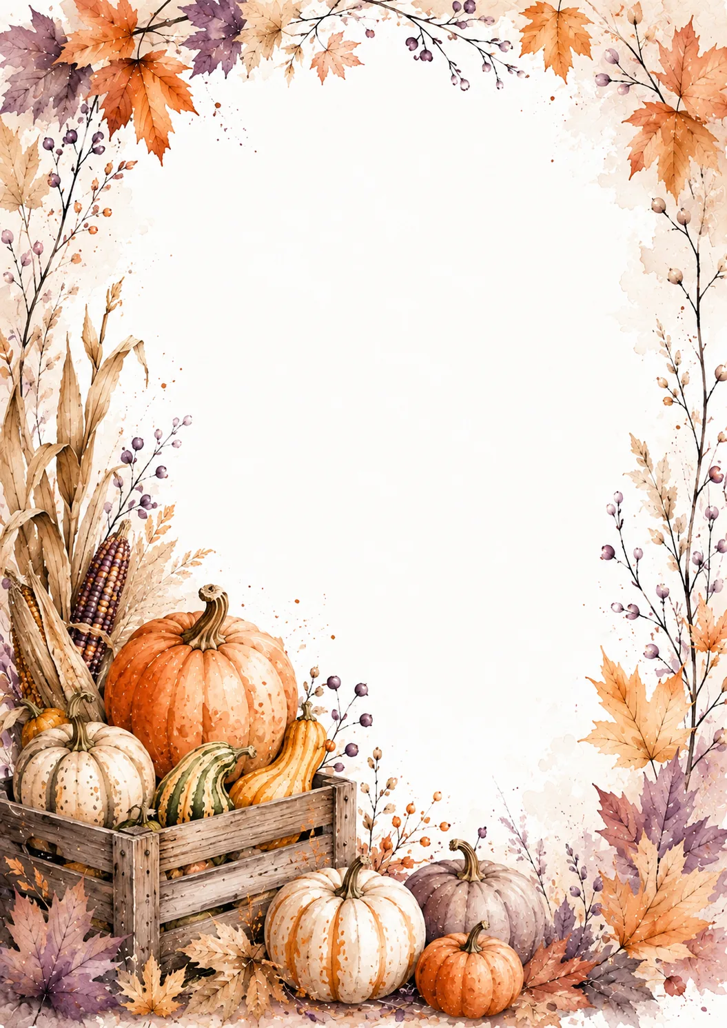 Watercolor pumpkin harvest border with gourds, dried corn, fall leaves, and rustic wooden crate