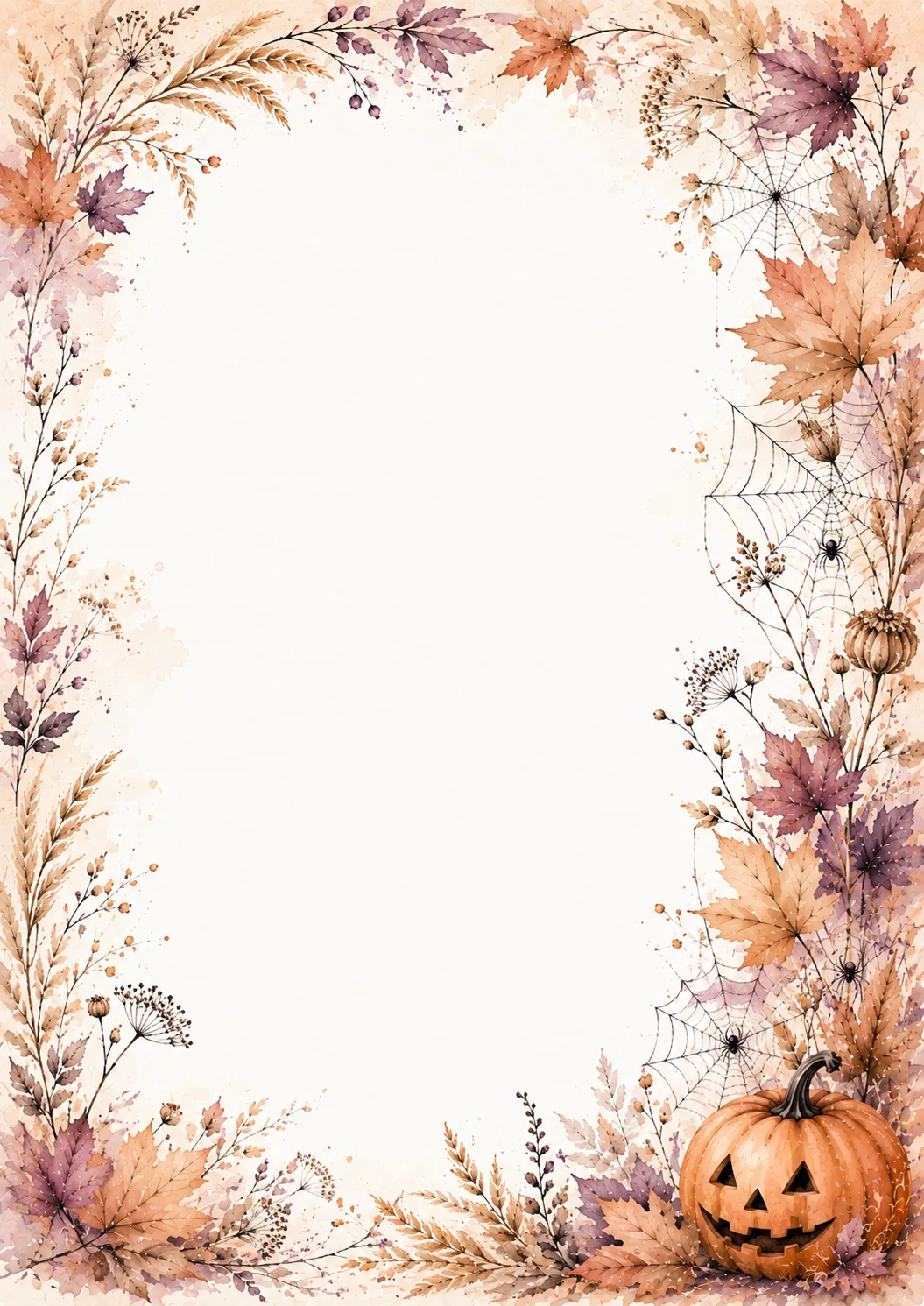 Halloween spiderweb border with small spiders, autumn maple leaves, wheat, and smiling jack-o-lantern