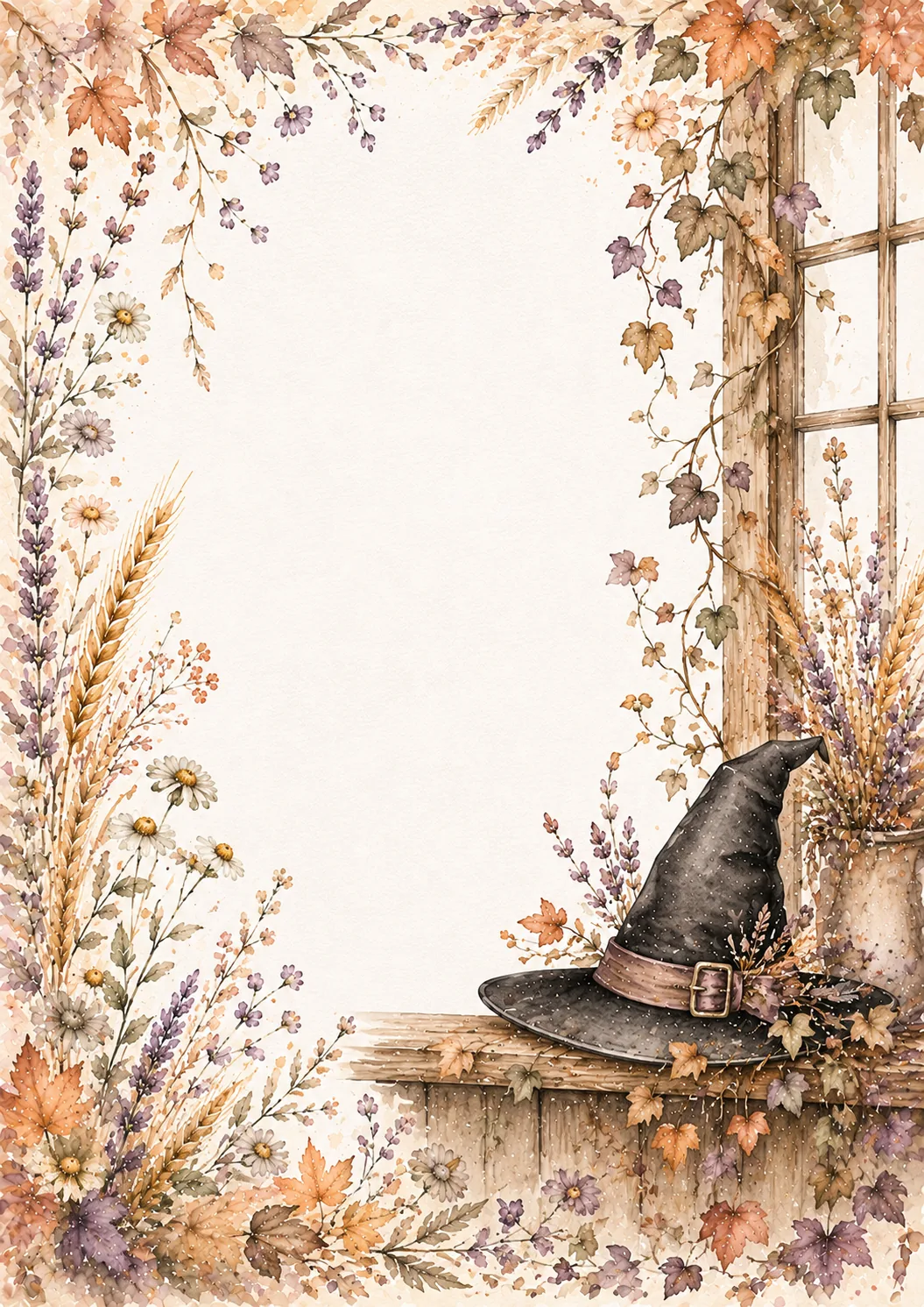 Whimsical witch hat border with rustic window, lavender, wheat, daisies, vines, and autumn leaves