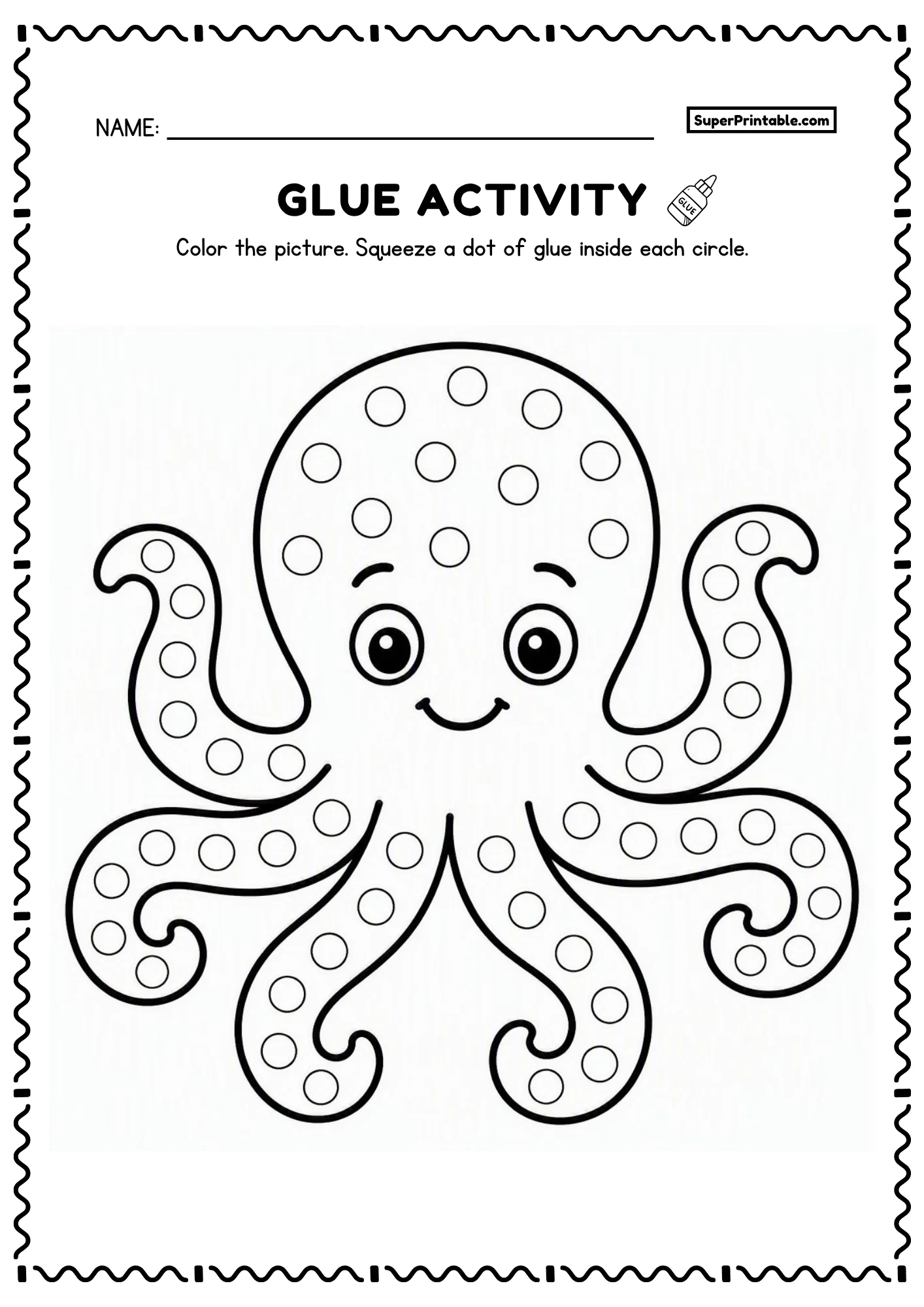 Cartoon octopus printable glue worksheet with eight tentacles and dot circles for toddlers