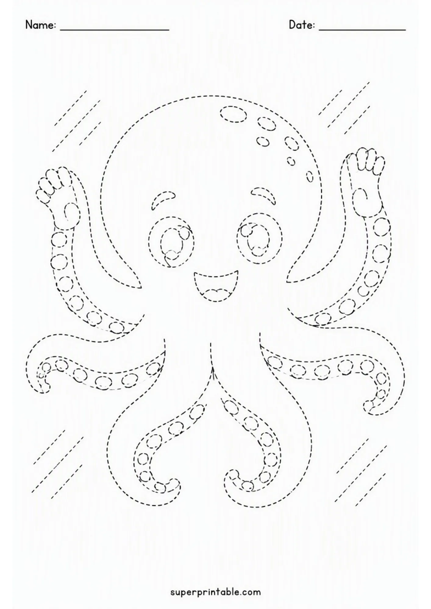 Detailed octopus tracing worksheet with dashed lines for ocean life activity pages.