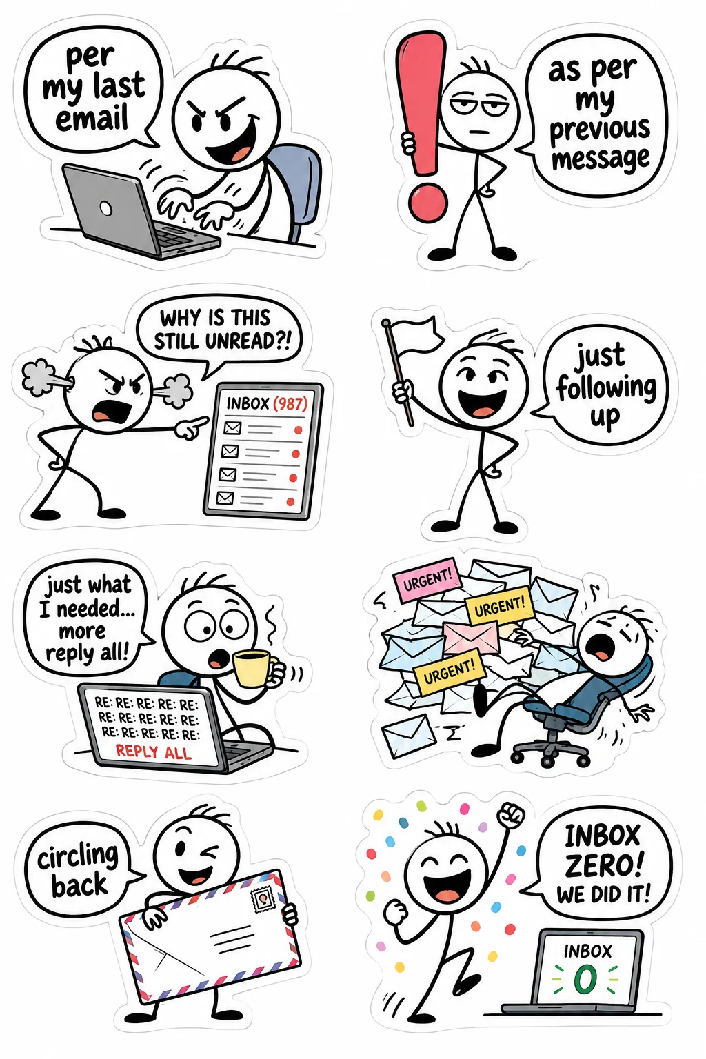 Printable office survival sticker sheet with eight email fatigue stick-figure stickers
