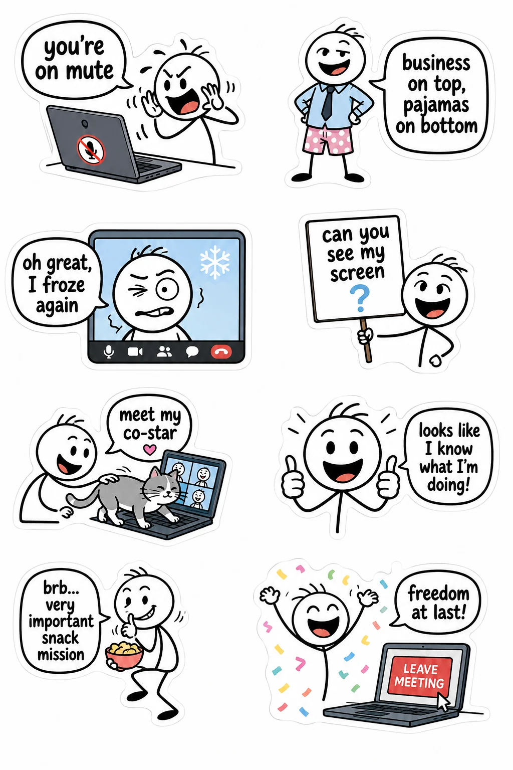 Printable office survival sticker sheet with eight virtual meetings stick-figure stickers