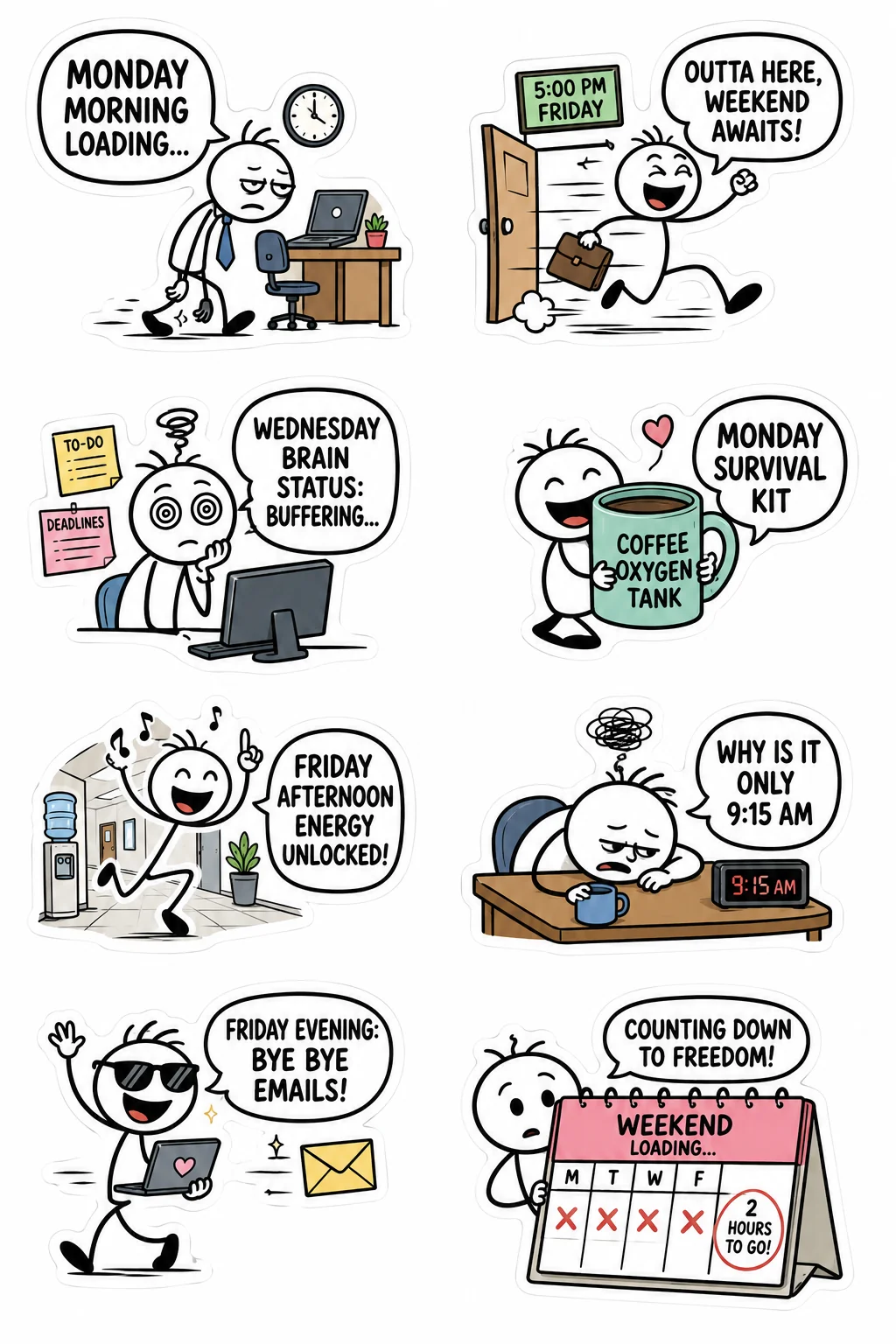 Printable office survival sticker sheet with eight friday vs monday stick-figure stickers