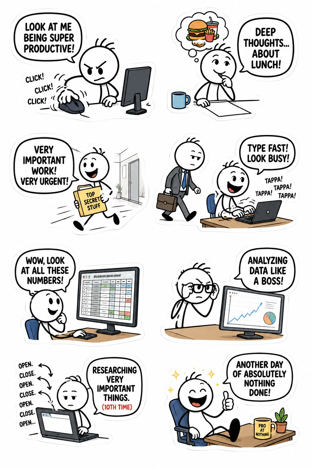 Printable office survival sticker sheet with eight fake productivity stick-figure stickers