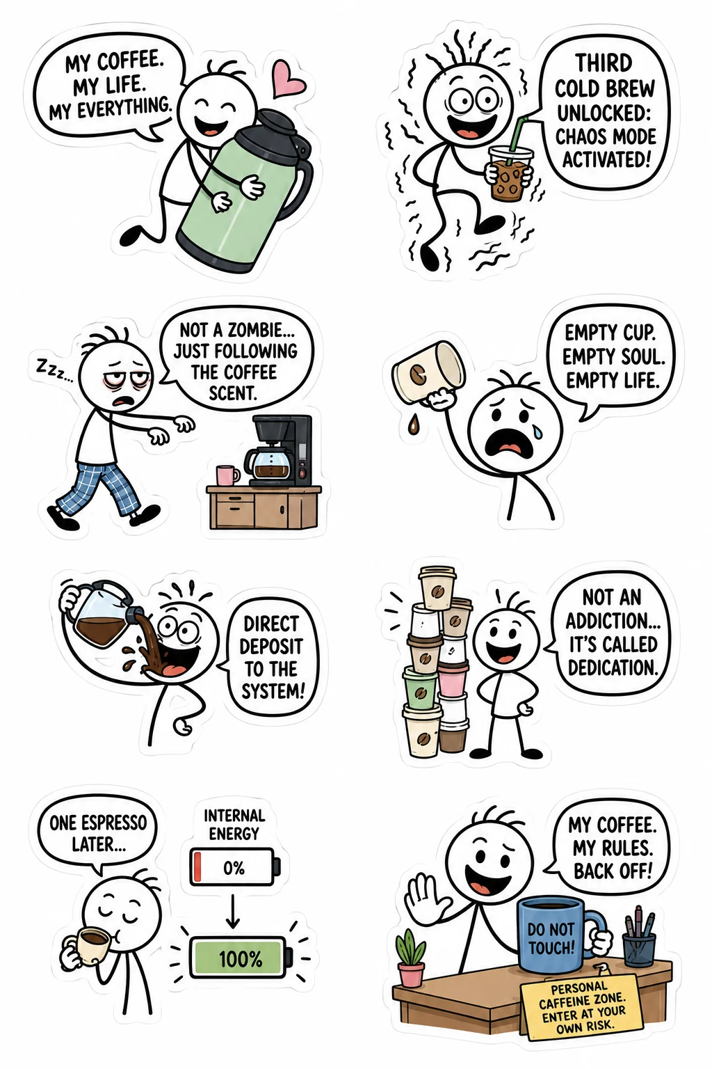 Printable office survival sticker sheet with eight desk coffee survival stick-figure stickers