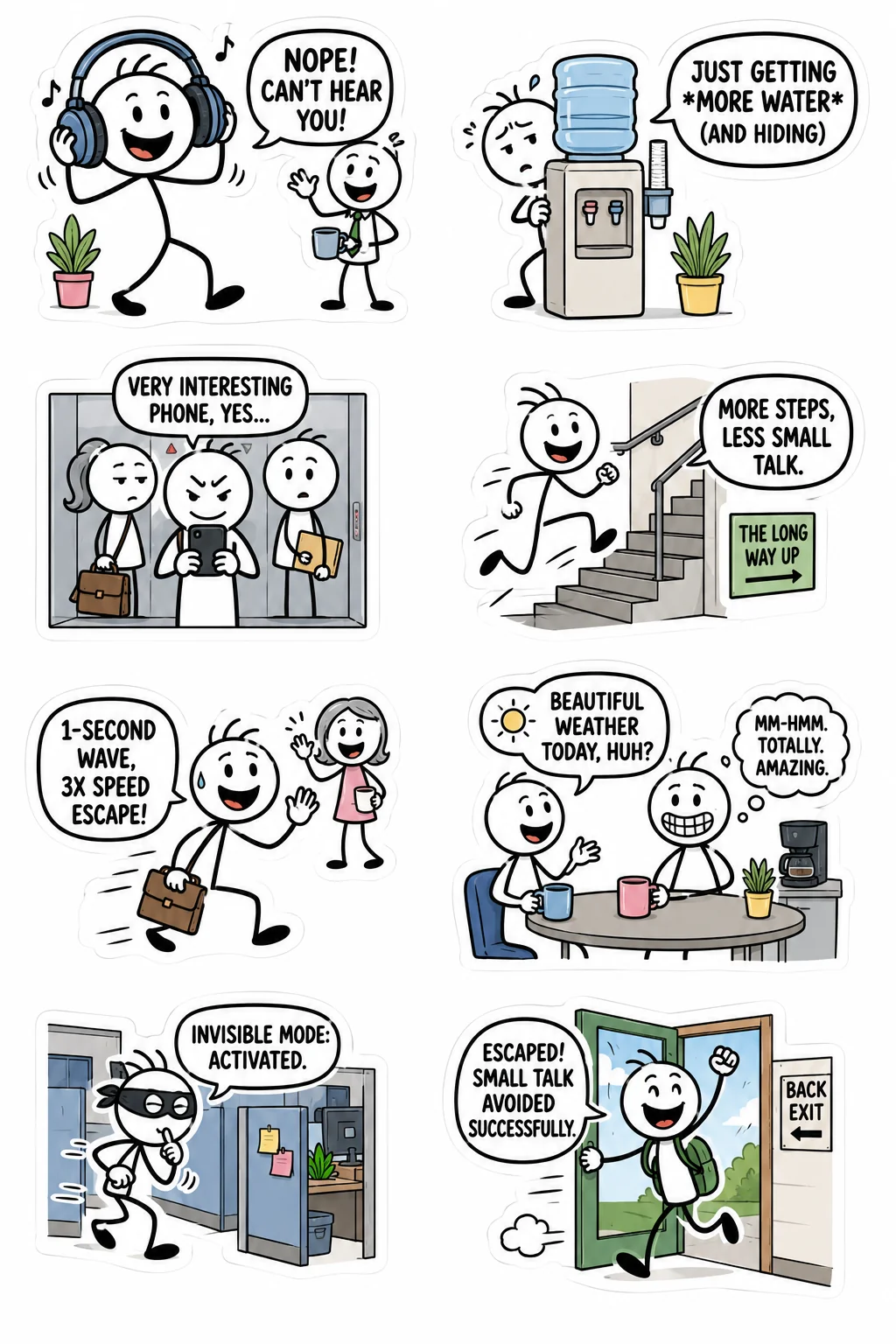 Printable office survival sticker sheet with eight coworker small talk stick-figure stickers