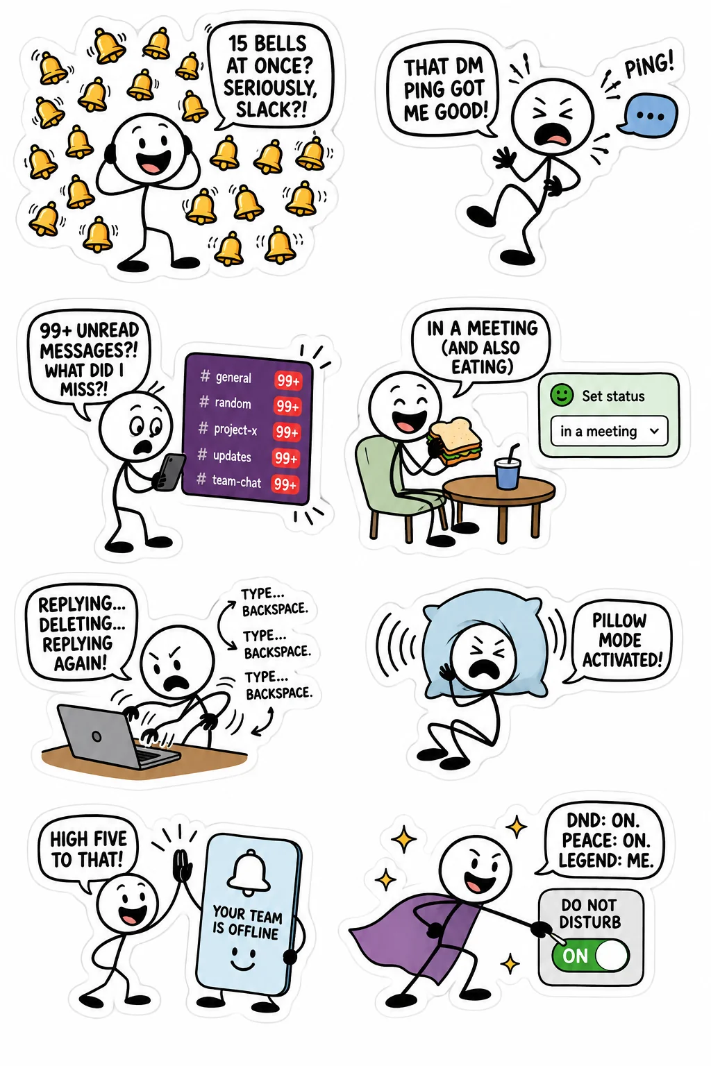 Printable office survival sticker sheet with eight slack pings stick-figure stickers
