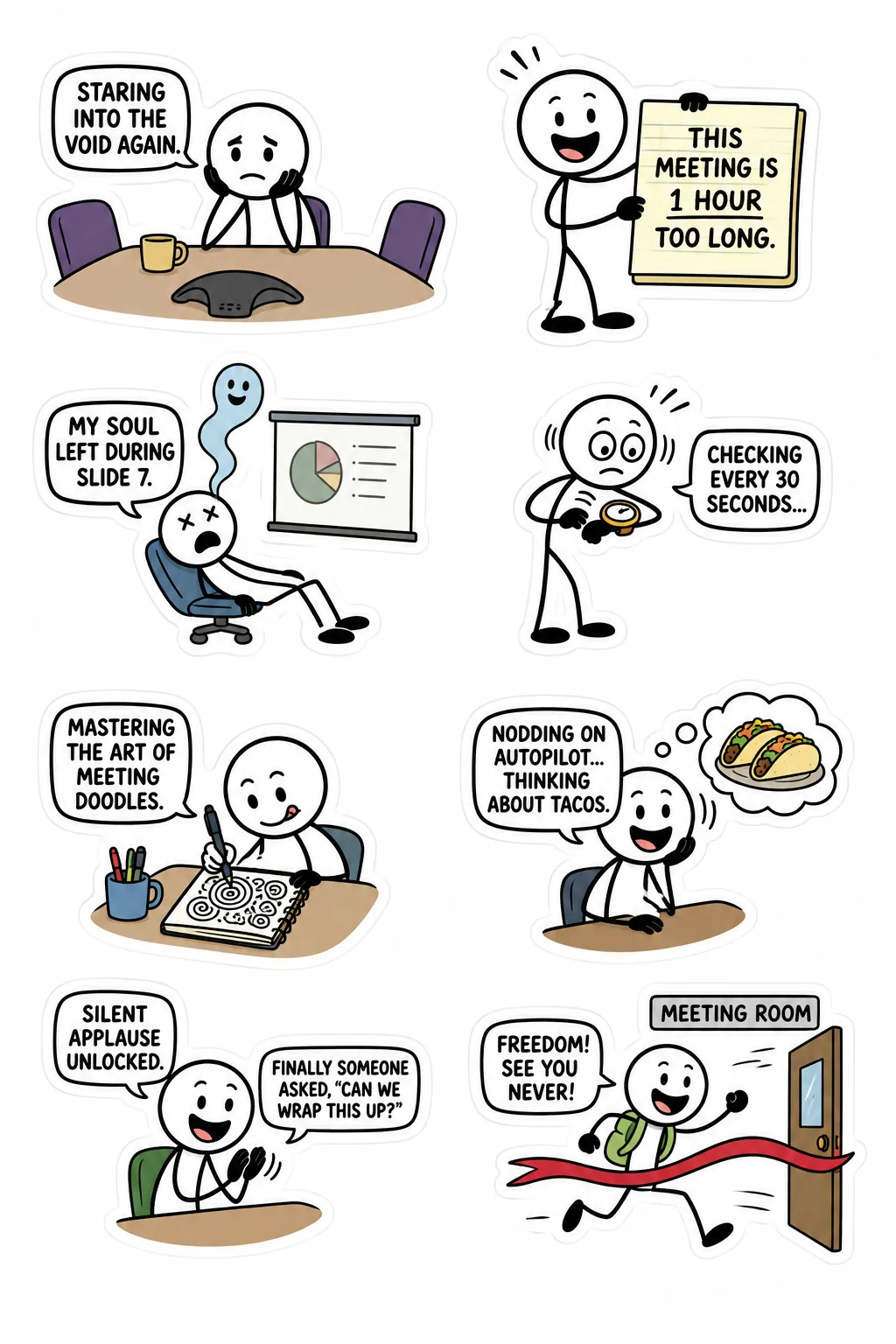 Printable office survival sticker sheet with eight meeting fatigue stick-figure stickers