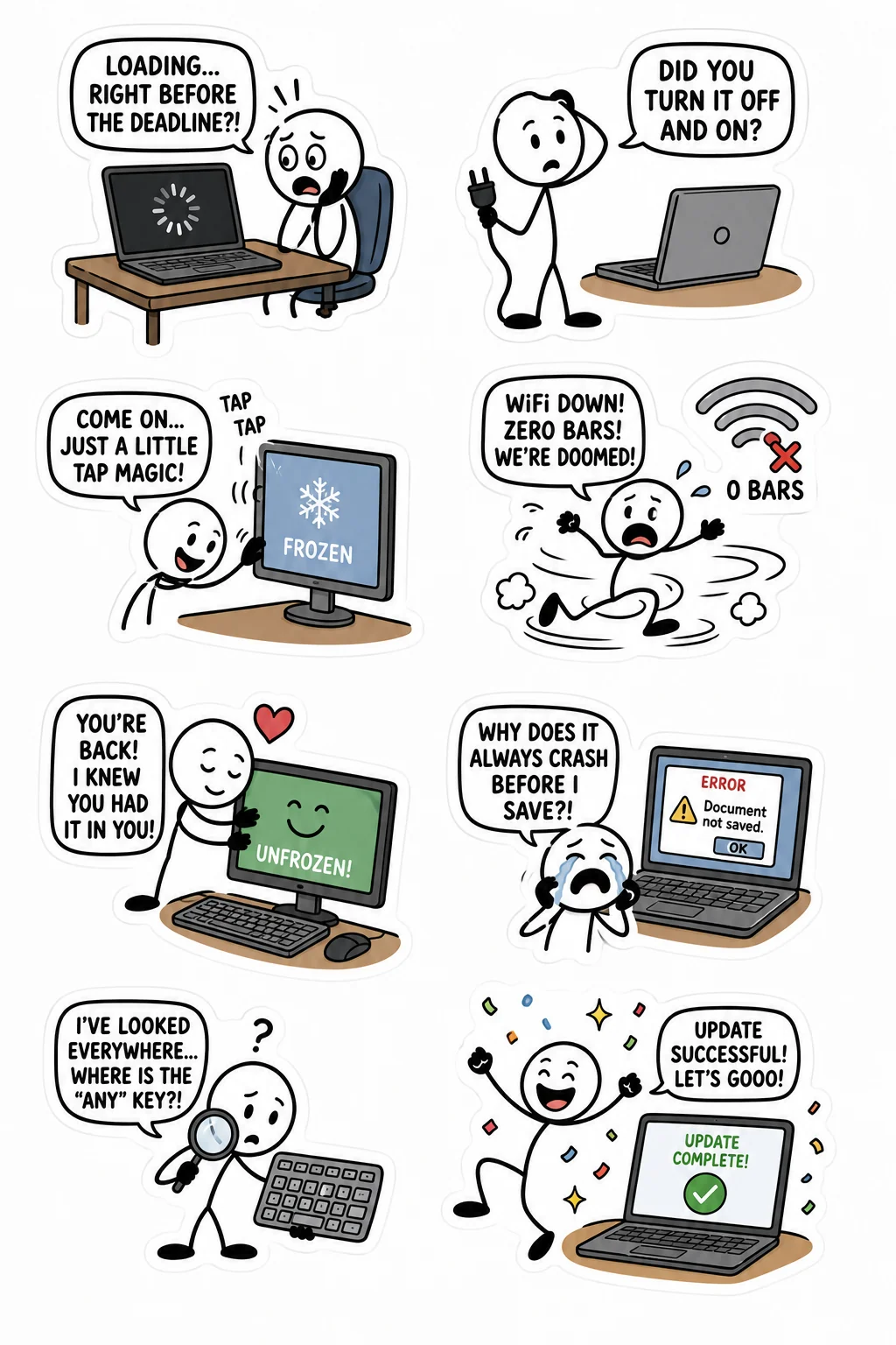 Printable office survival sticker sheet with eight tech support stick-figure stickers