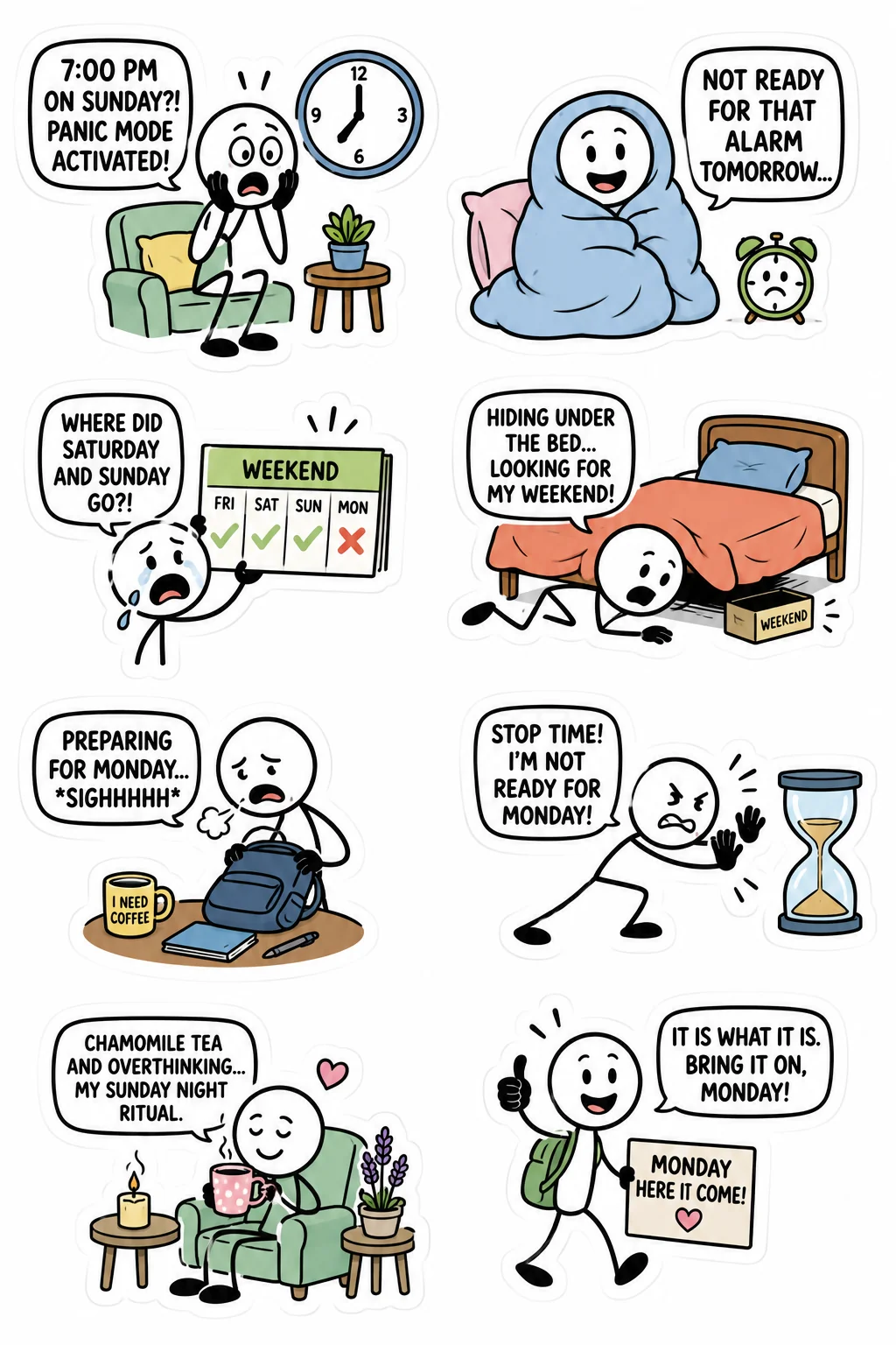 Printable office survival sticker sheet with eight sunday scaries stick-figure stickers