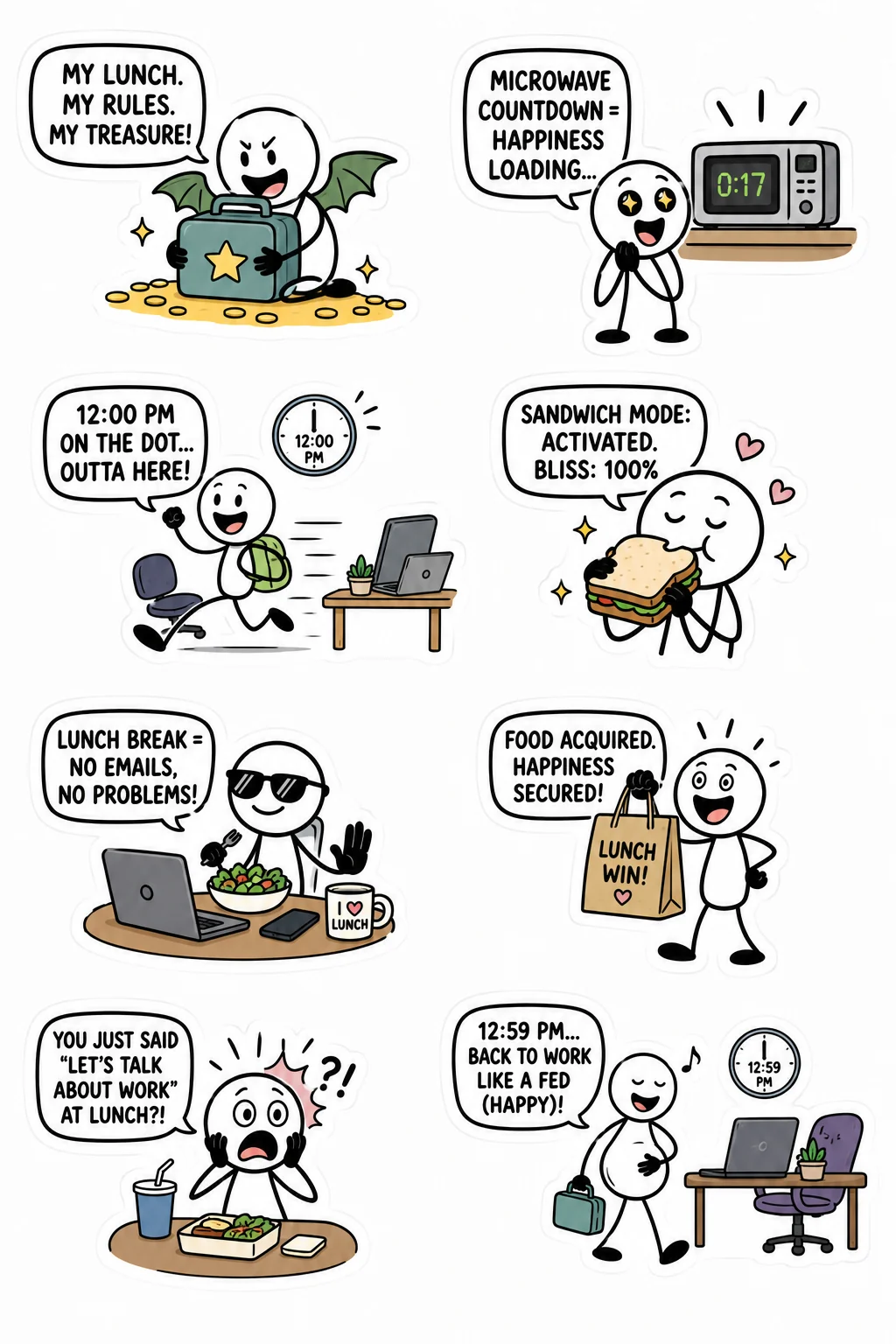 Printable office survival sticker sheet with eight sacred lunch break stick-figure stickers