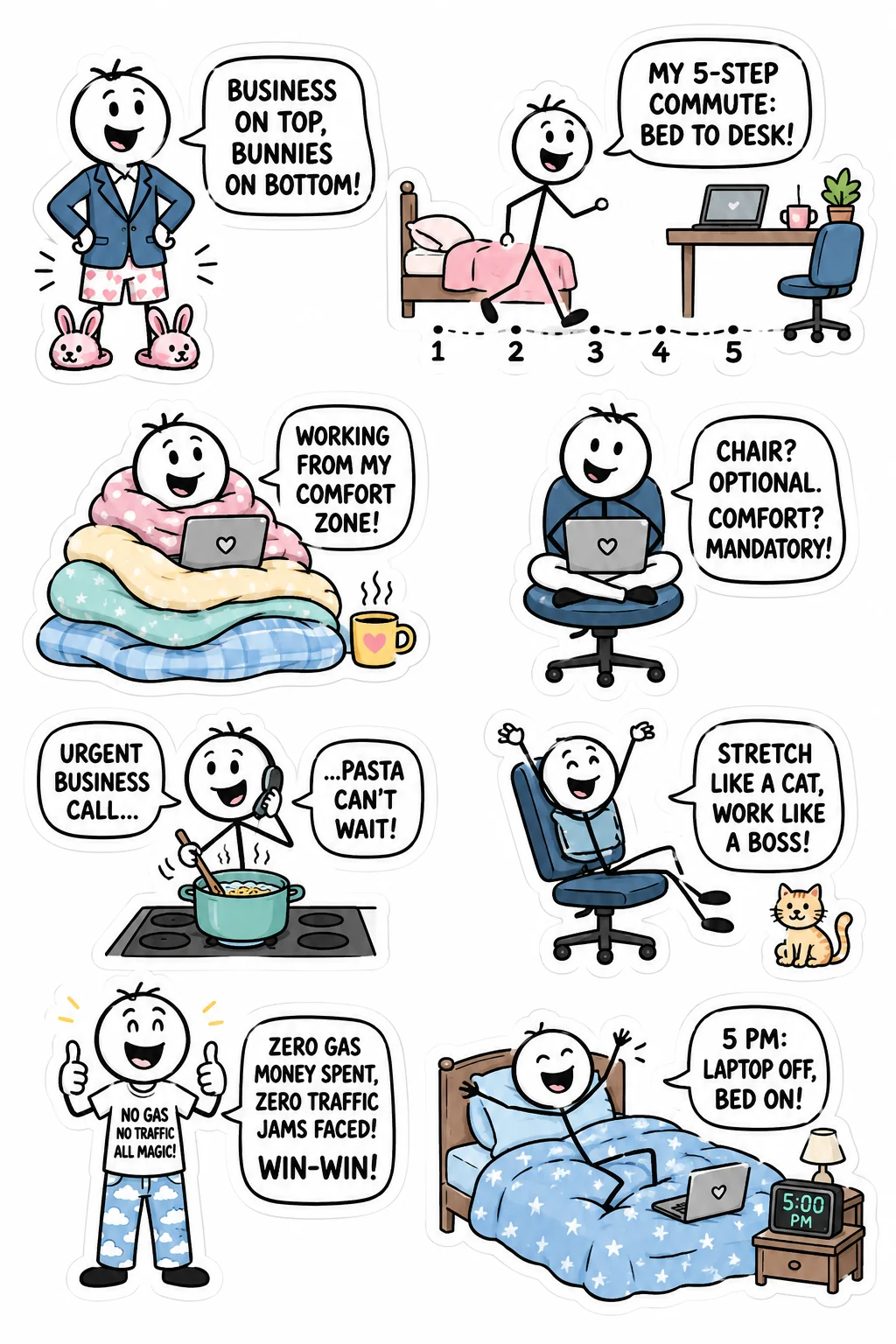 Printable office survival sticker sheet with eight work from home stick-figure stickers