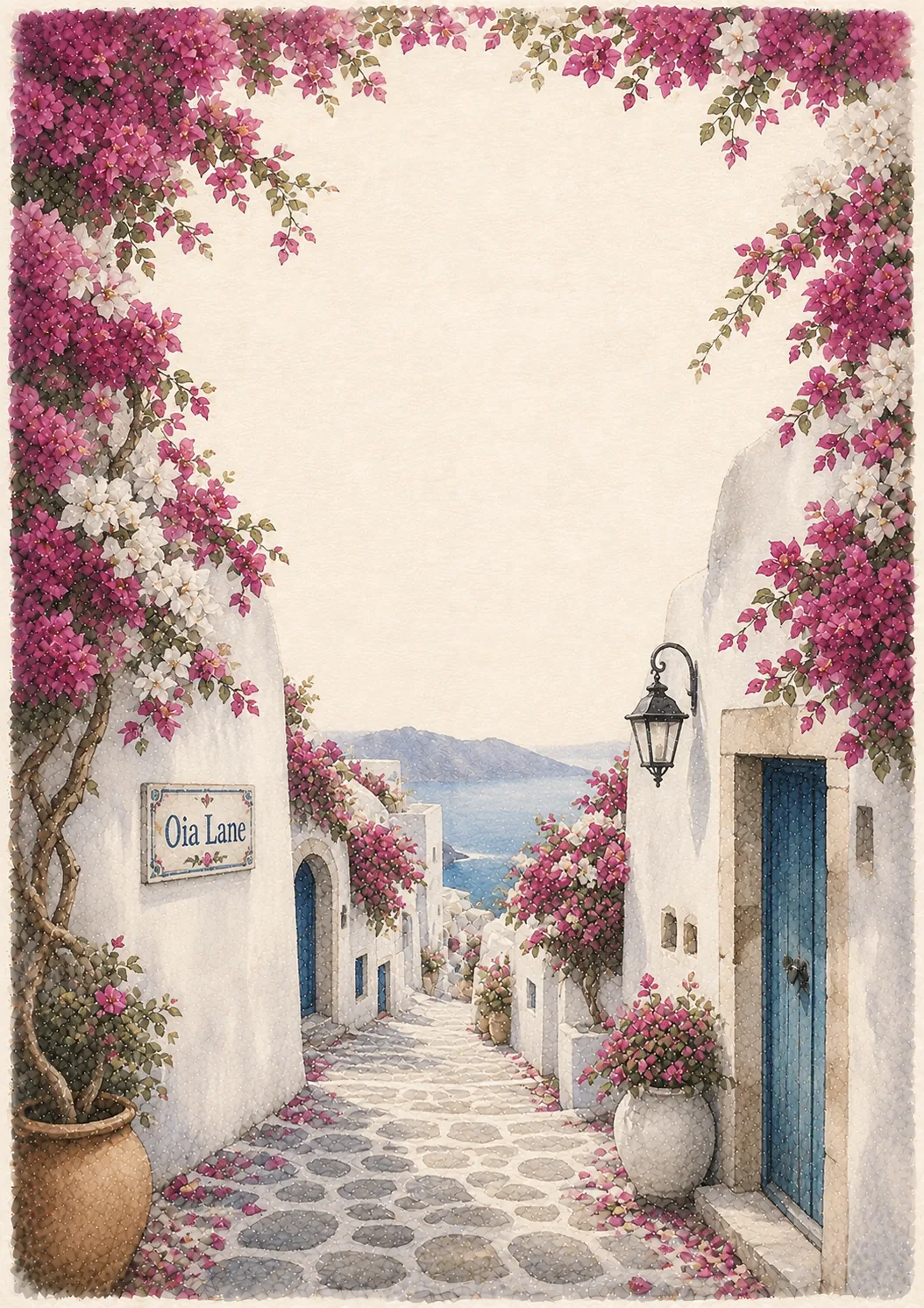 Narrow cobblestone alleyway in Greece surrounded by vibrant magenta bougainvillea and blue doors.