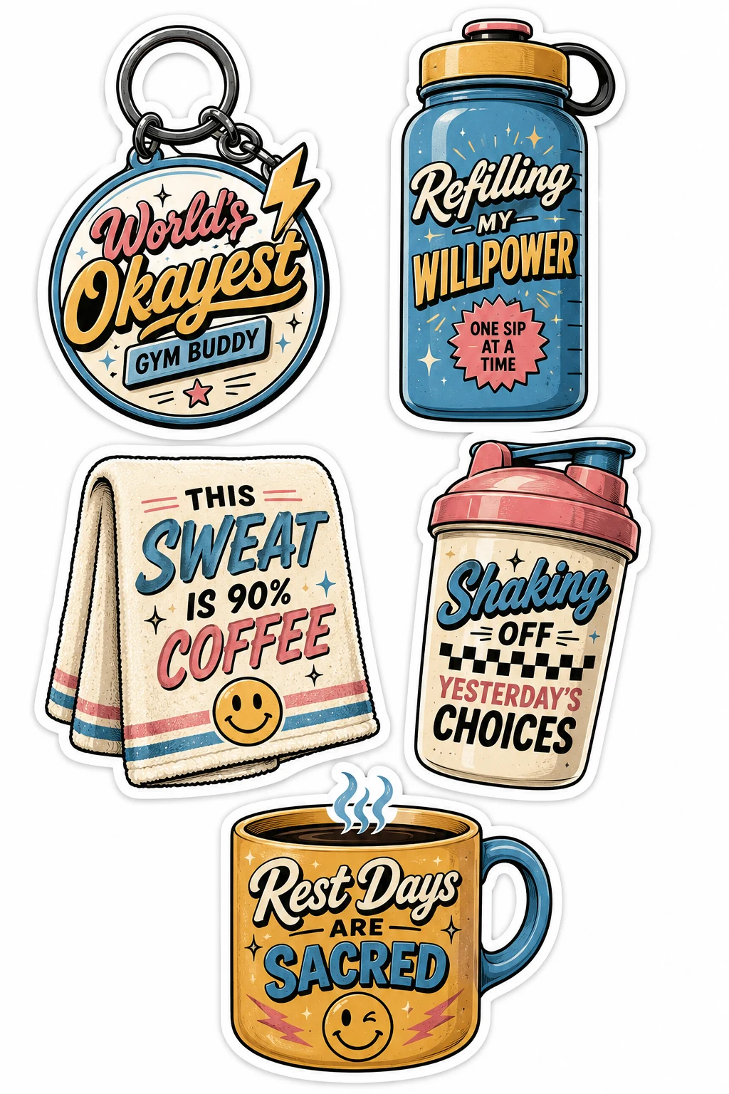 Okayest Gym Buddy Sweat 90 Percent Coffee Sheet featuring funny gym humor, reluctant runner quotes, fitness gear, and rest day laughs.