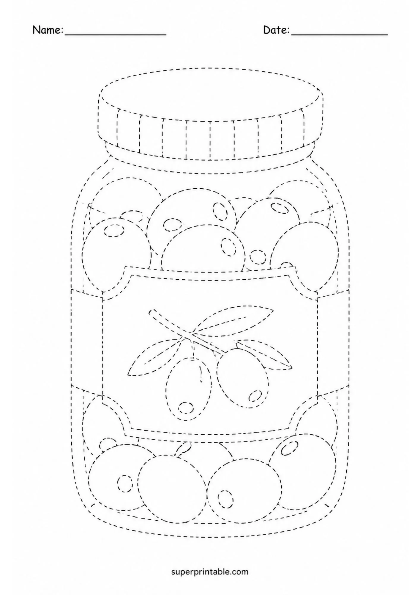 Glass jar filled with savory black and green olives for preschool tracing activities.