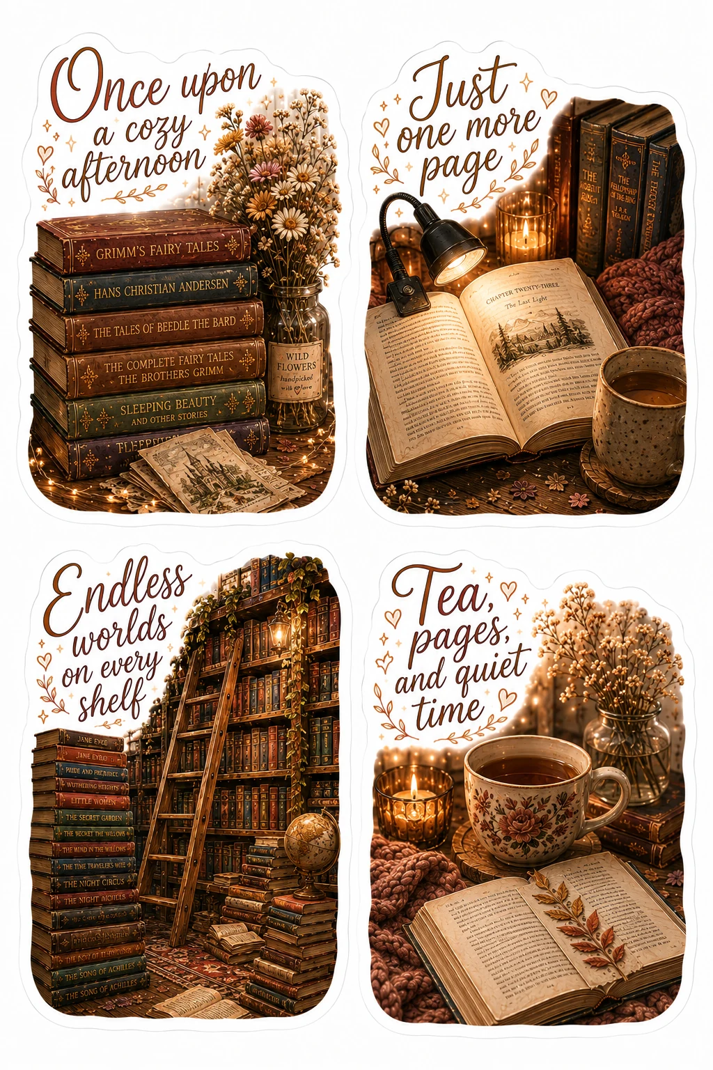 Once Upon Cozy Afternoon Endless Worlds Sheet featuring cozy reading nooks, vintage library books, armchair reading, and bookshop aesthetics.