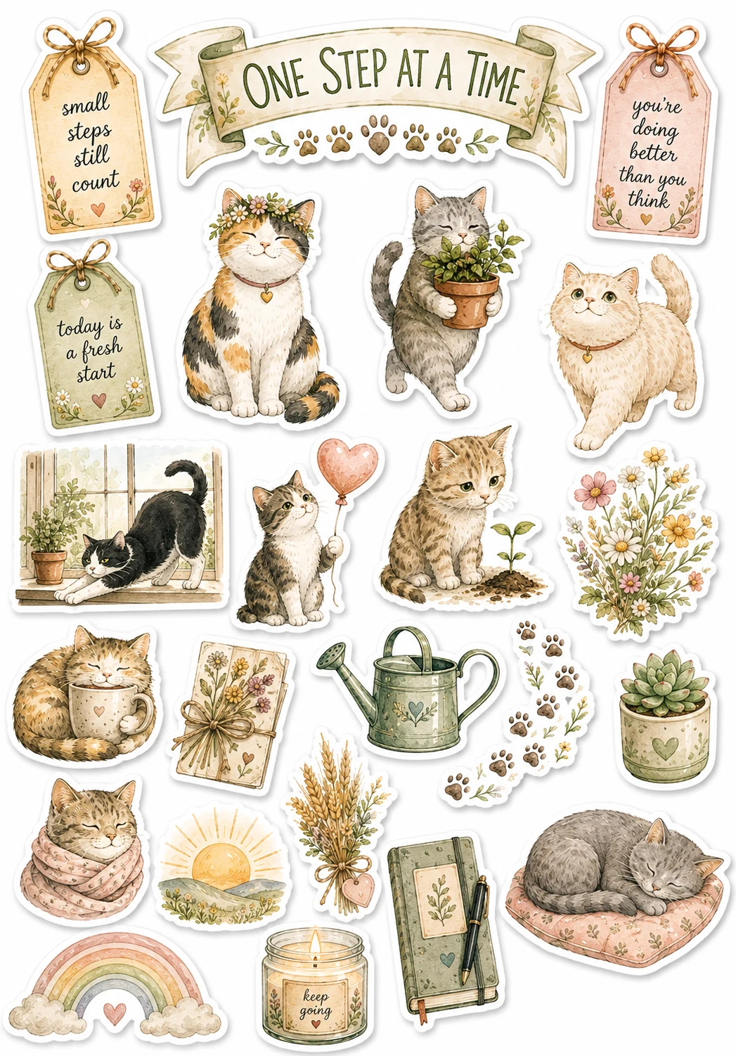 One Step At A Time Potted Plant Cat Sheet featuring cozy cats, mental health self-care, mindfulness, and gentle affirmations.