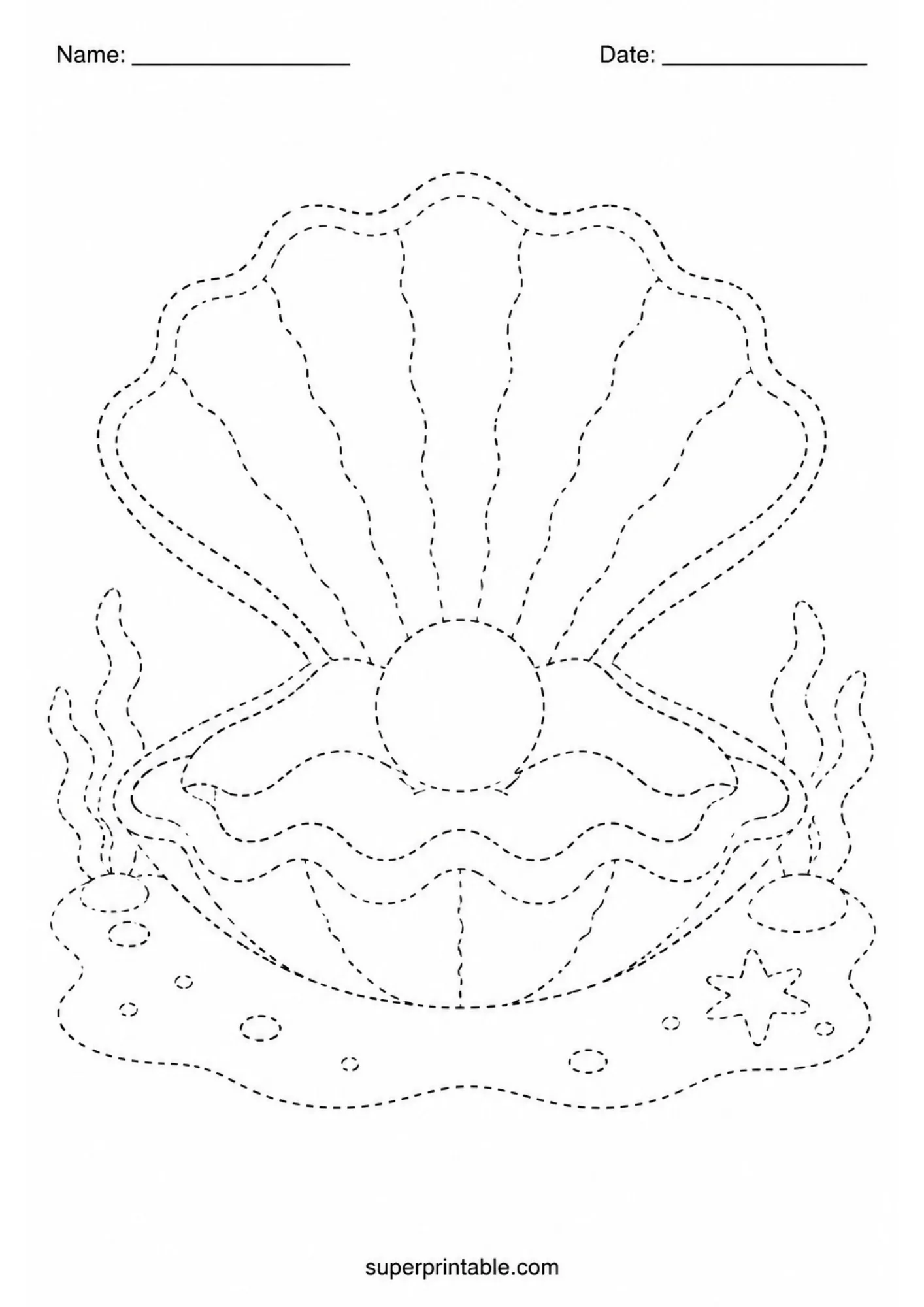 Ocean tracing activity sheet showing an open giant clam shell displaying a round pearl.