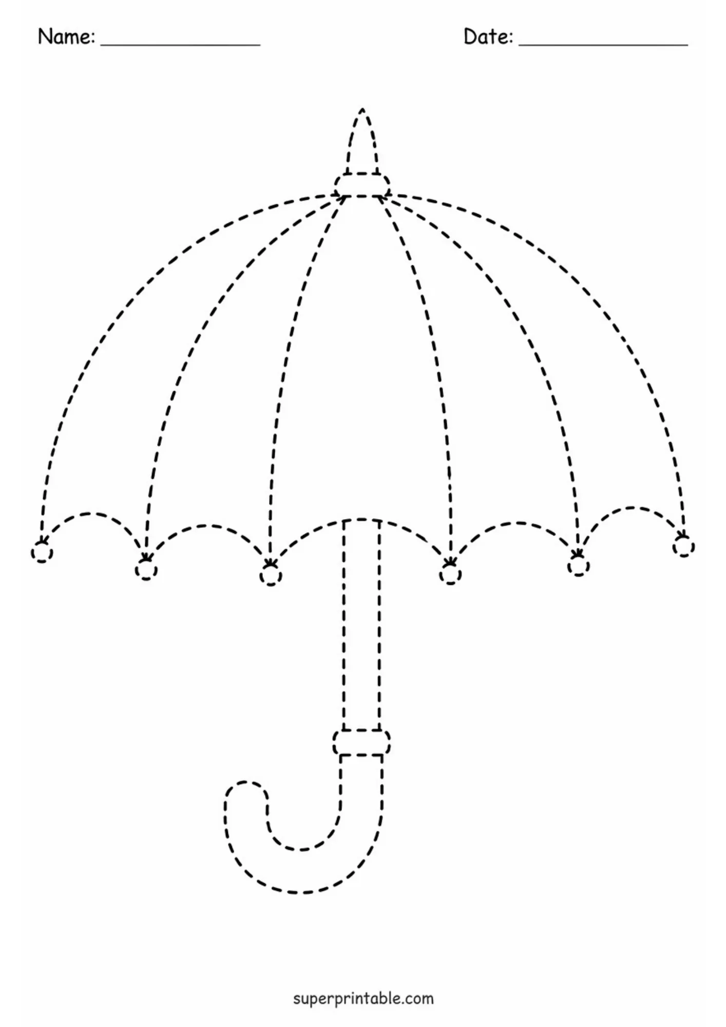 Black and white tracing worksheet depicting an open umbrella with scalloped canopy segments and curved J-handle in dashed lines.