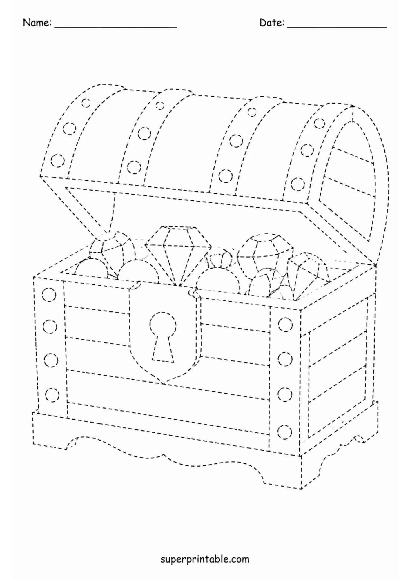 Open treasure chest overflowing with diamonds and gemstones in dashed outlines for tracing.
