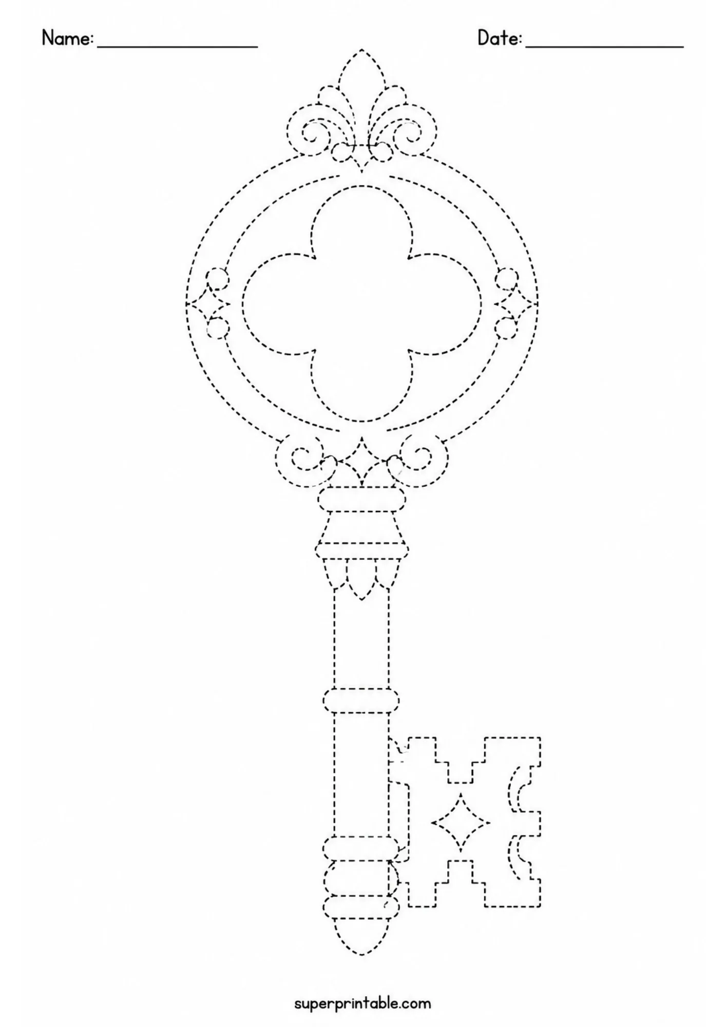 Ornate vintage magic key with quatrefoil bow design and detailed key bit in dashed lines.