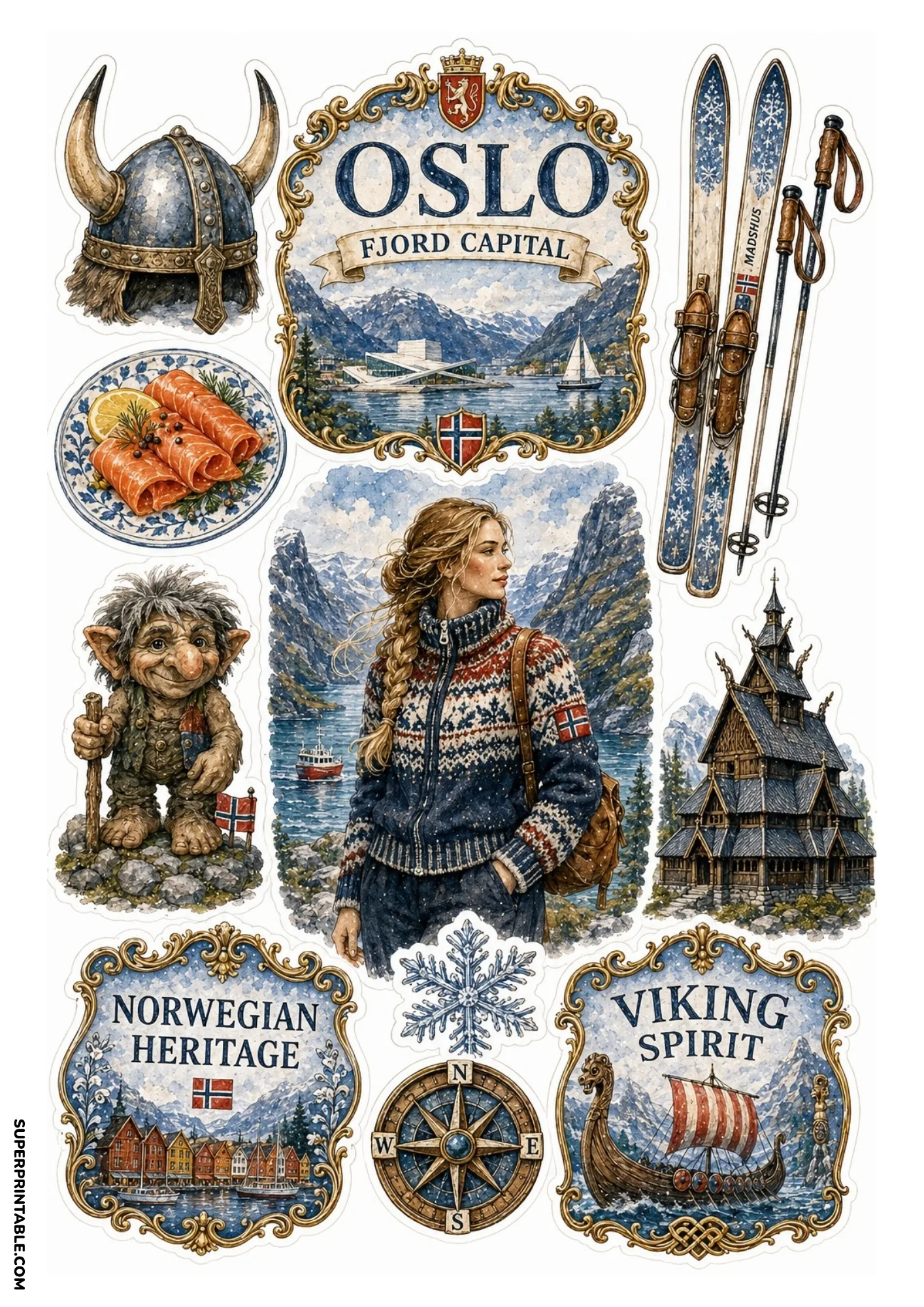 Oslo Norway sticker sheet featuring Viking longship, stave church, and fjord view