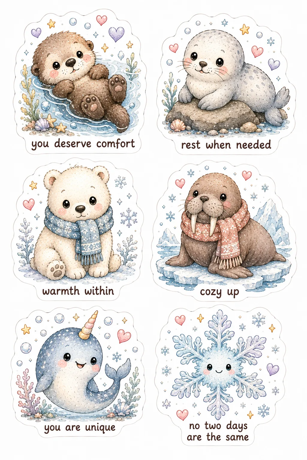Cute otter, seal, polar bear, walrus, narwhal, and snowflake stickers in soft winter watercolor style